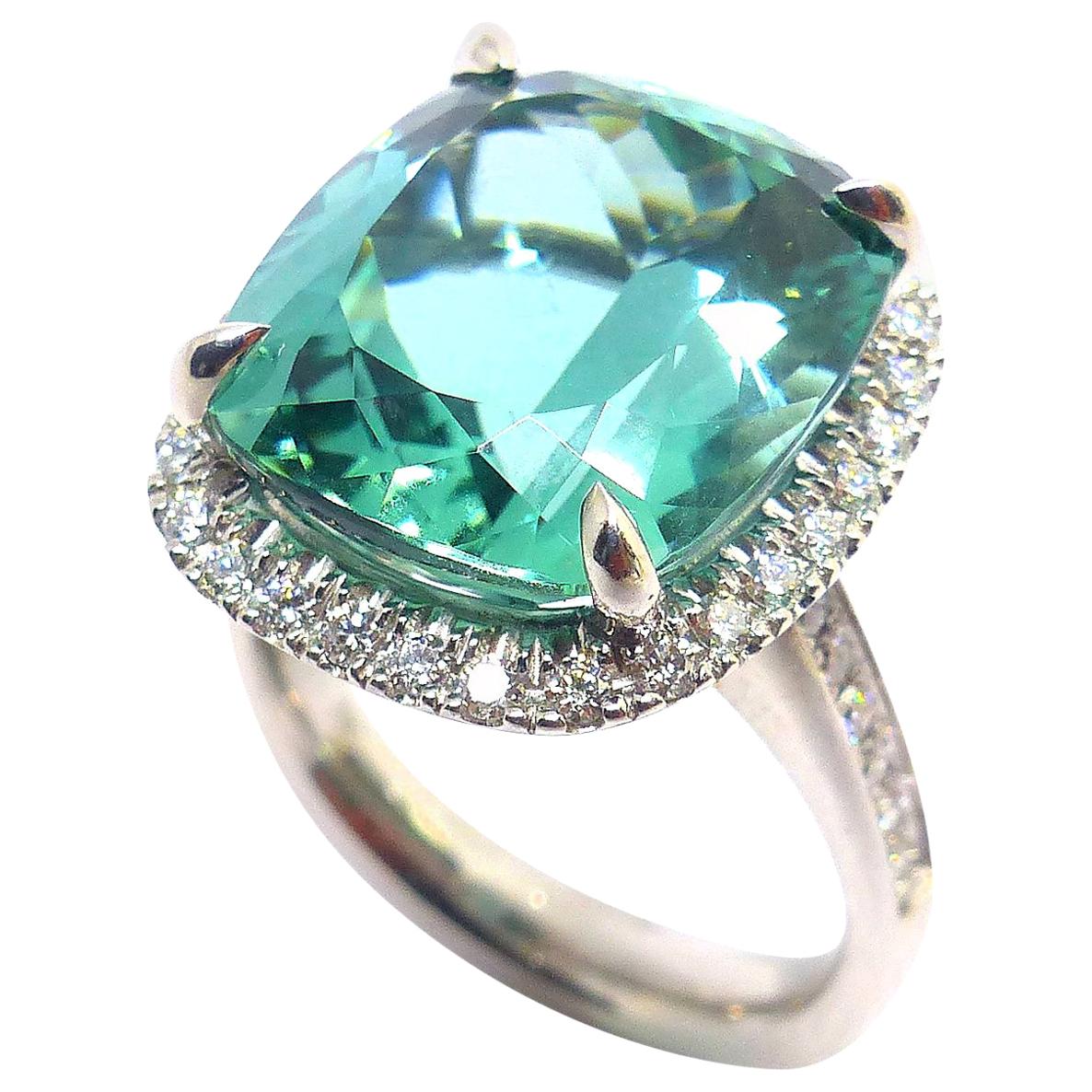 Ring in White Gold with 1 Tourmaline Cushion Shape and Diamonds.  For Sale