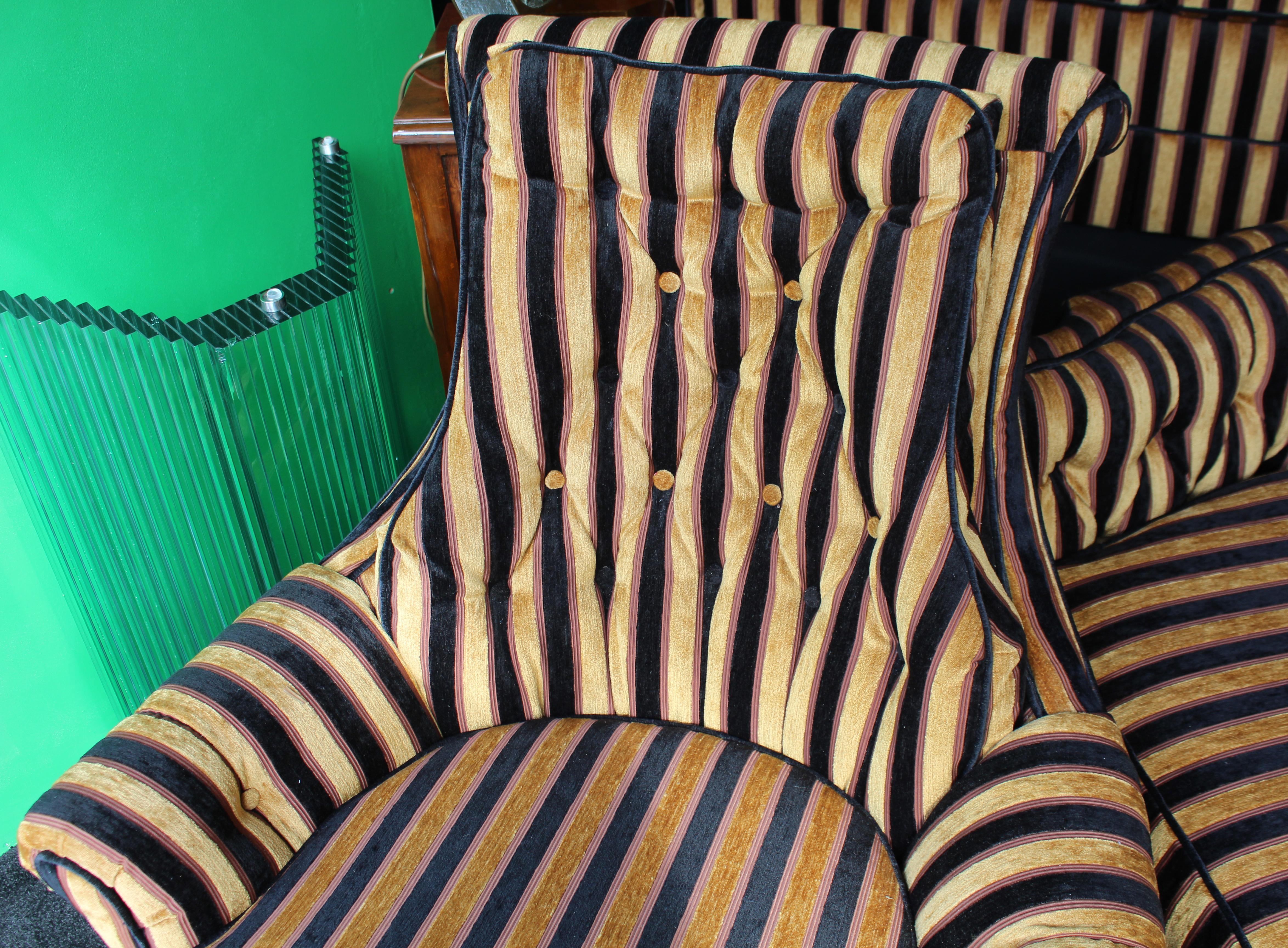 Fine Newly Upholstered Gold Striped Three Piece Bridgecraft Suite, c.1970 9