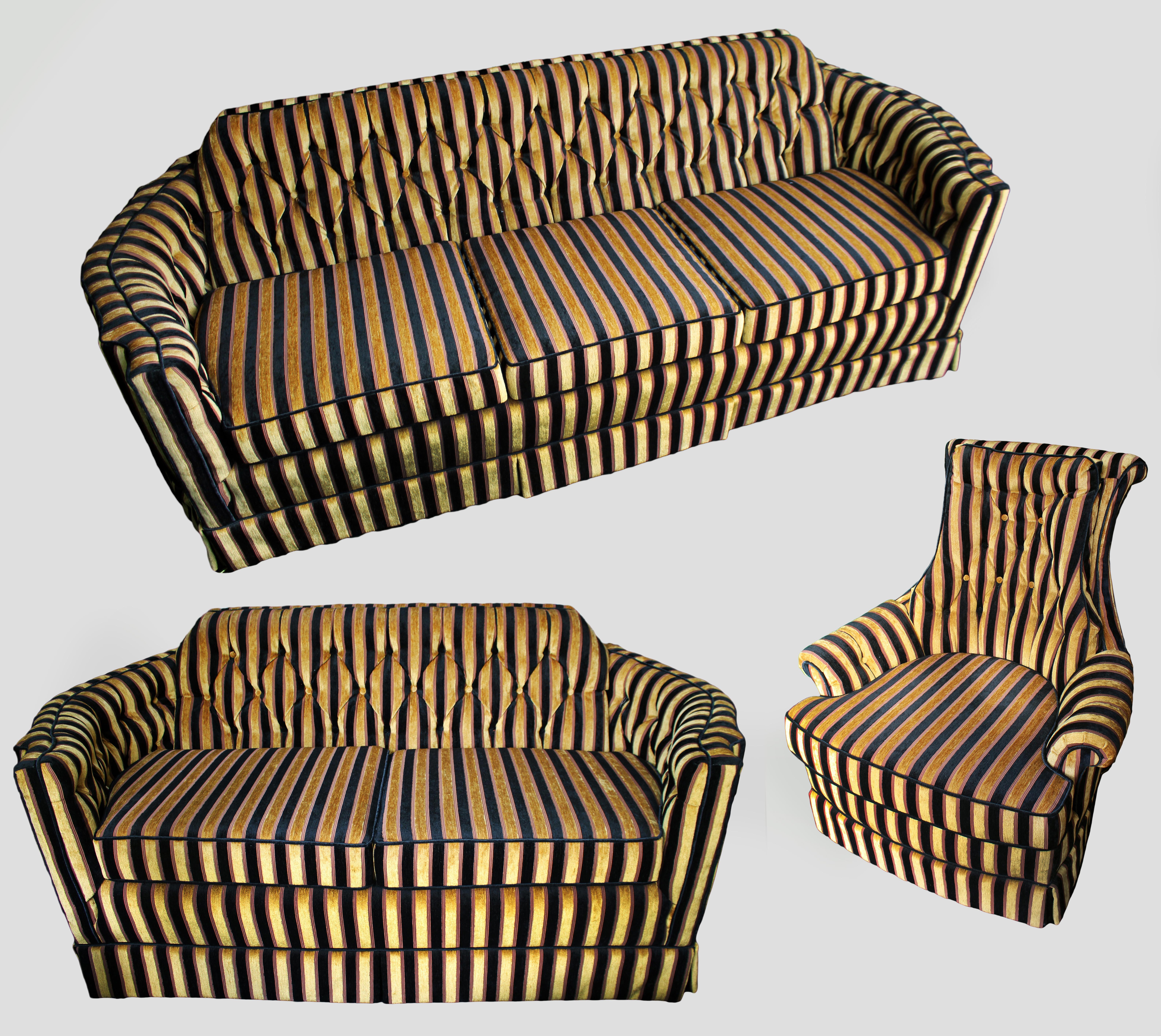Fine newly upholstered gold striped three piece bridgecraft suite c.1970

Three seater sofa
Measures: Width: 230 cm
Depth: 86 cm
Height: 74 cm

Two Seater Sofa
Width: 173 cm
Depth: 86 cm
Height: 74 cm

Armchair
Width: 87 cm
Depth: 86