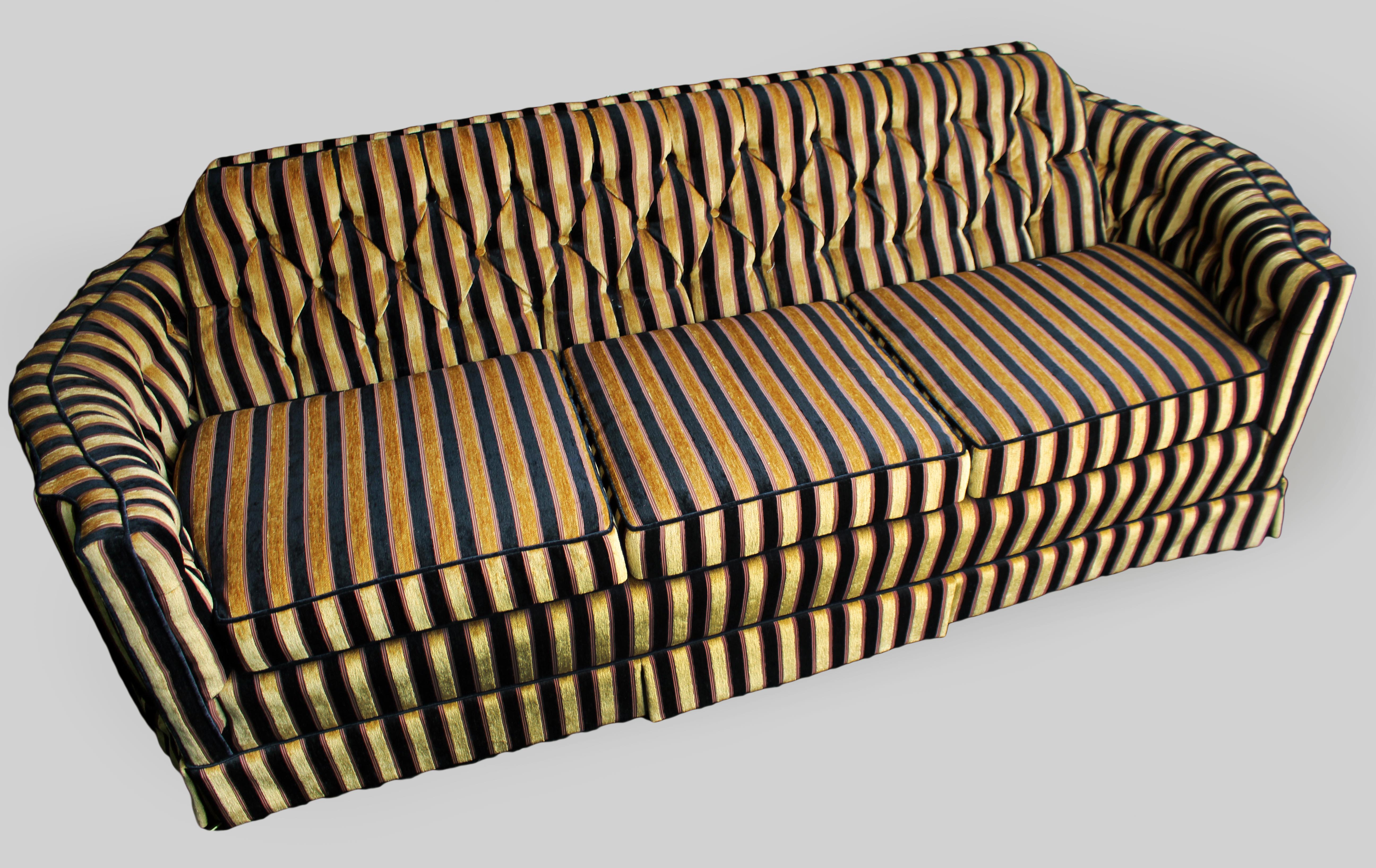 British Fine Newly Upholstered Gold Striped Three Piece Bridgecraft Suite, c.1970