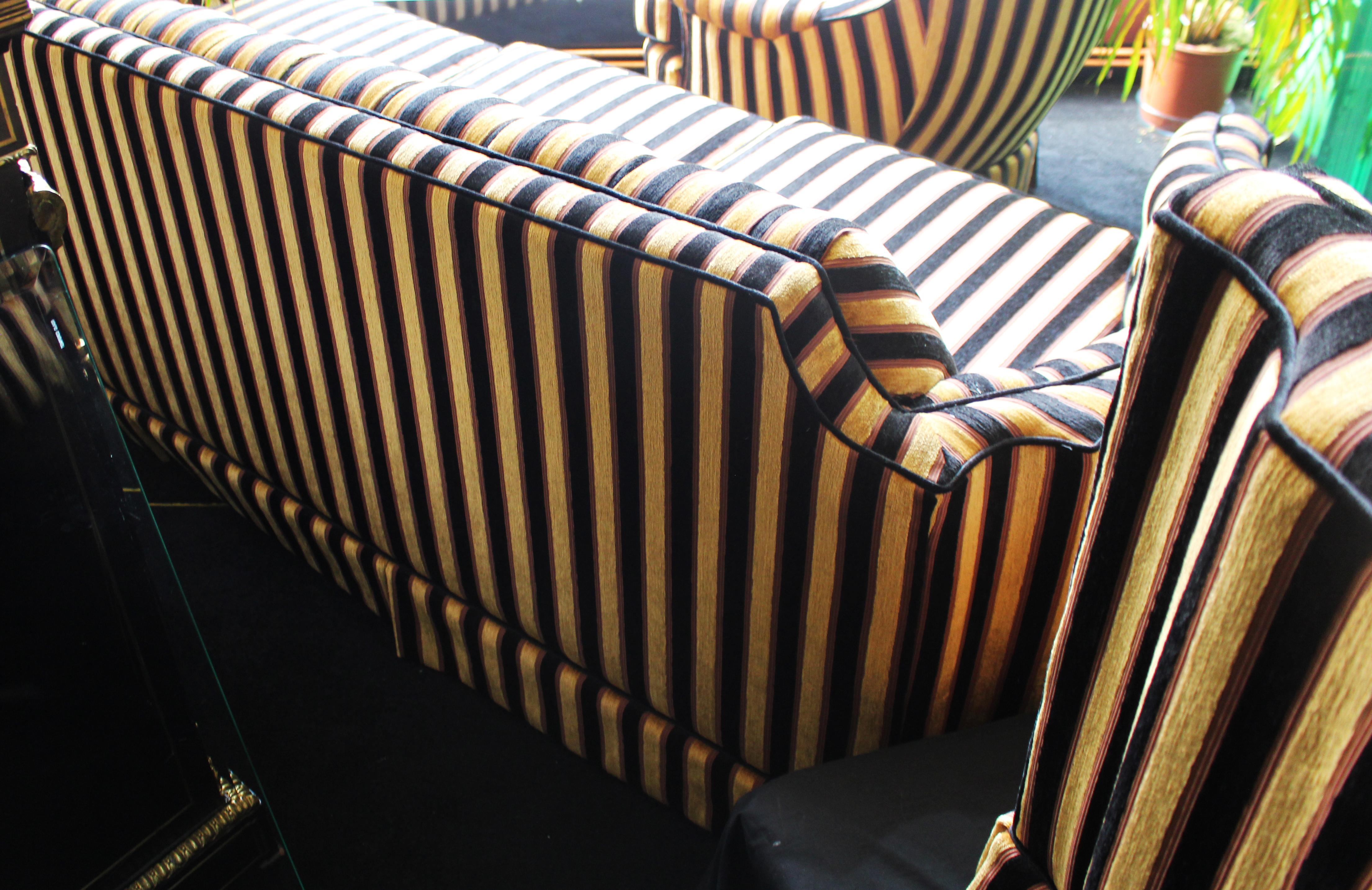 Fine Newly Upholstered Gold Striped Three Piece Bridgecraft Suite, c.1970 1