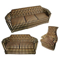Fine Newly Upholstered Gold Striped Three Piece Bridgecraft Suite, c.1970