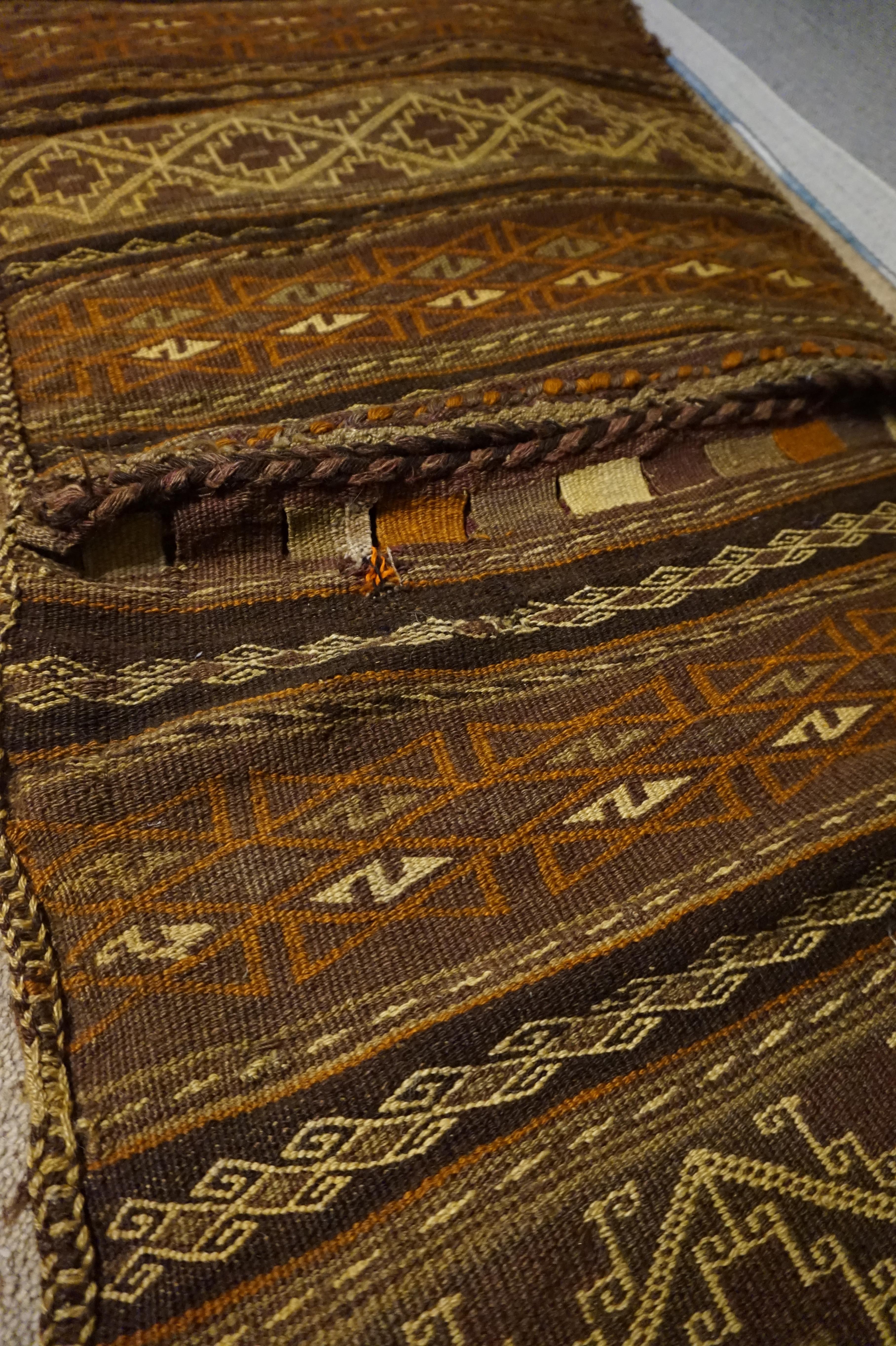 Fine Nomadic Kilim Saddle Bag  Natural Dyes Tribal Hand Knotted Wool Cushion In Good Condition In Vancouver, British Columbia