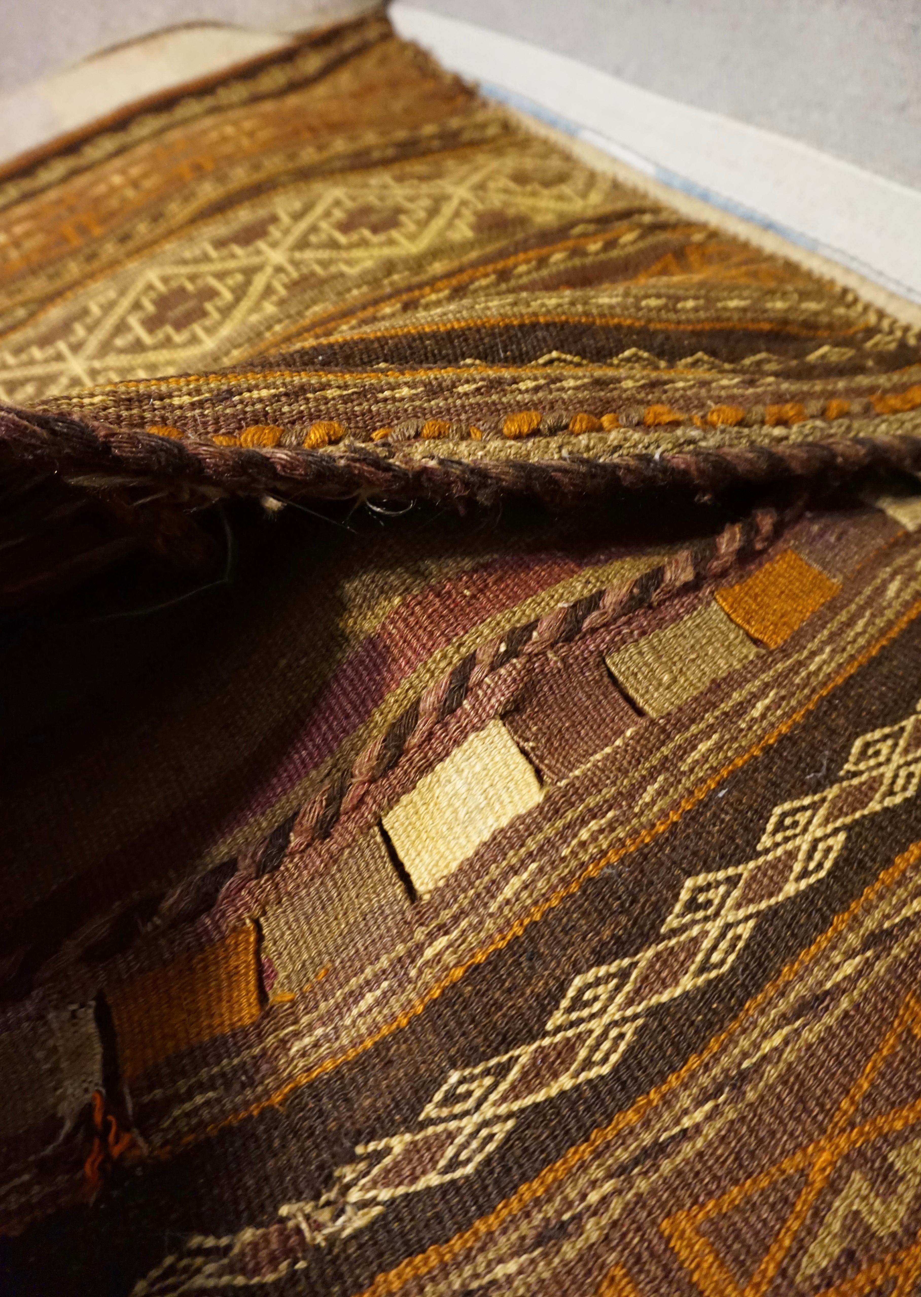 Mid-20th Century Fine Nomadic Kilim Saddle Bag  Natural Dyes Tribal Hand Knotted Wool Cushion