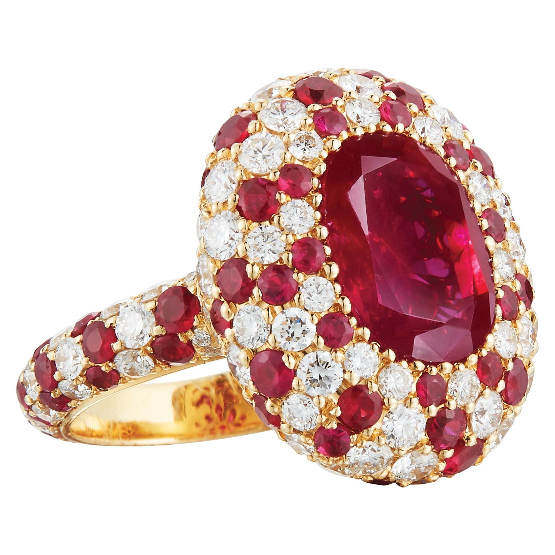 Fine Non-Heated Burma Ruby Ring Set with Diamonds and Rubies