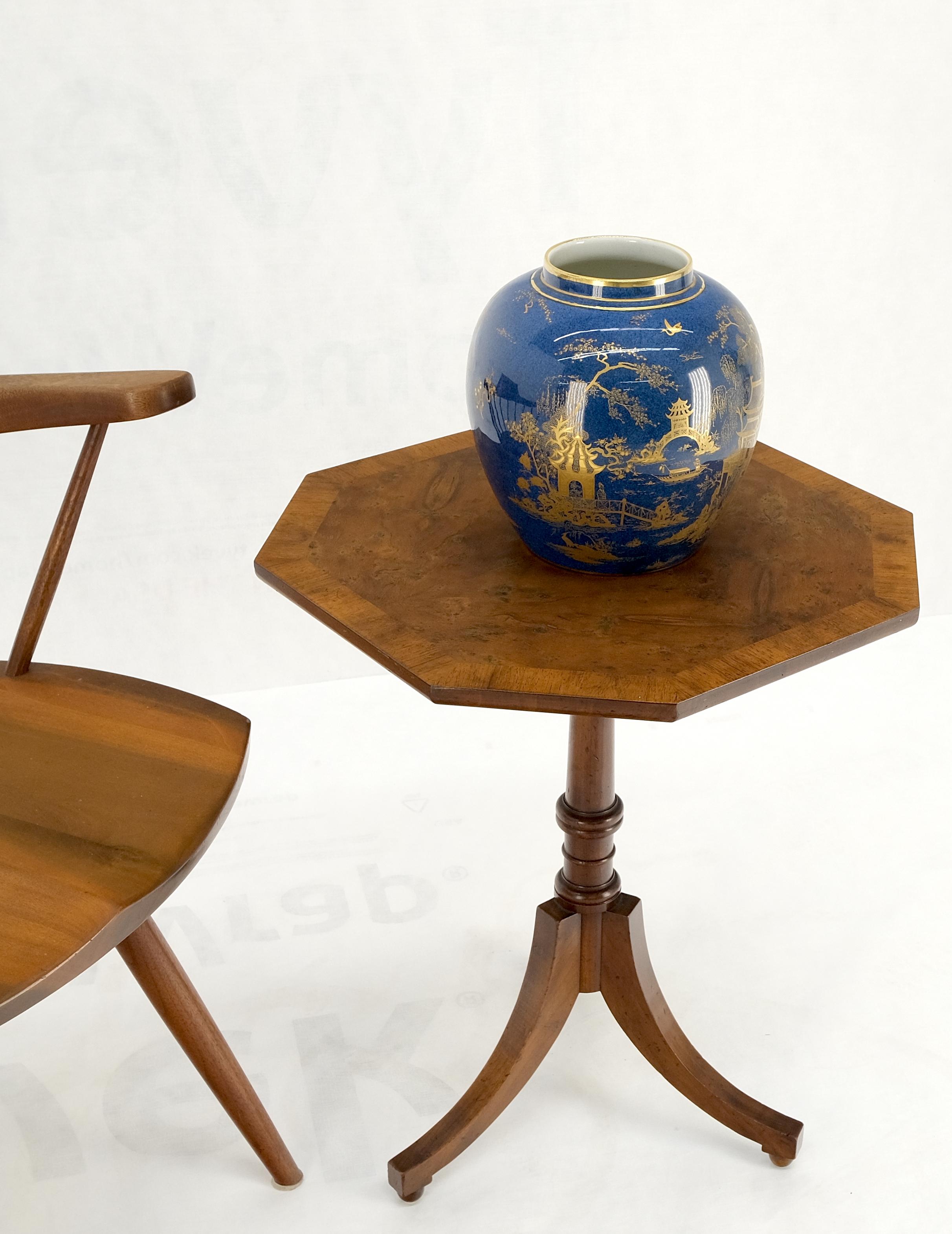 Fine Octagonal Shape Banded Burl Wood Tripod Base Occasional Table Stand Mint! 2