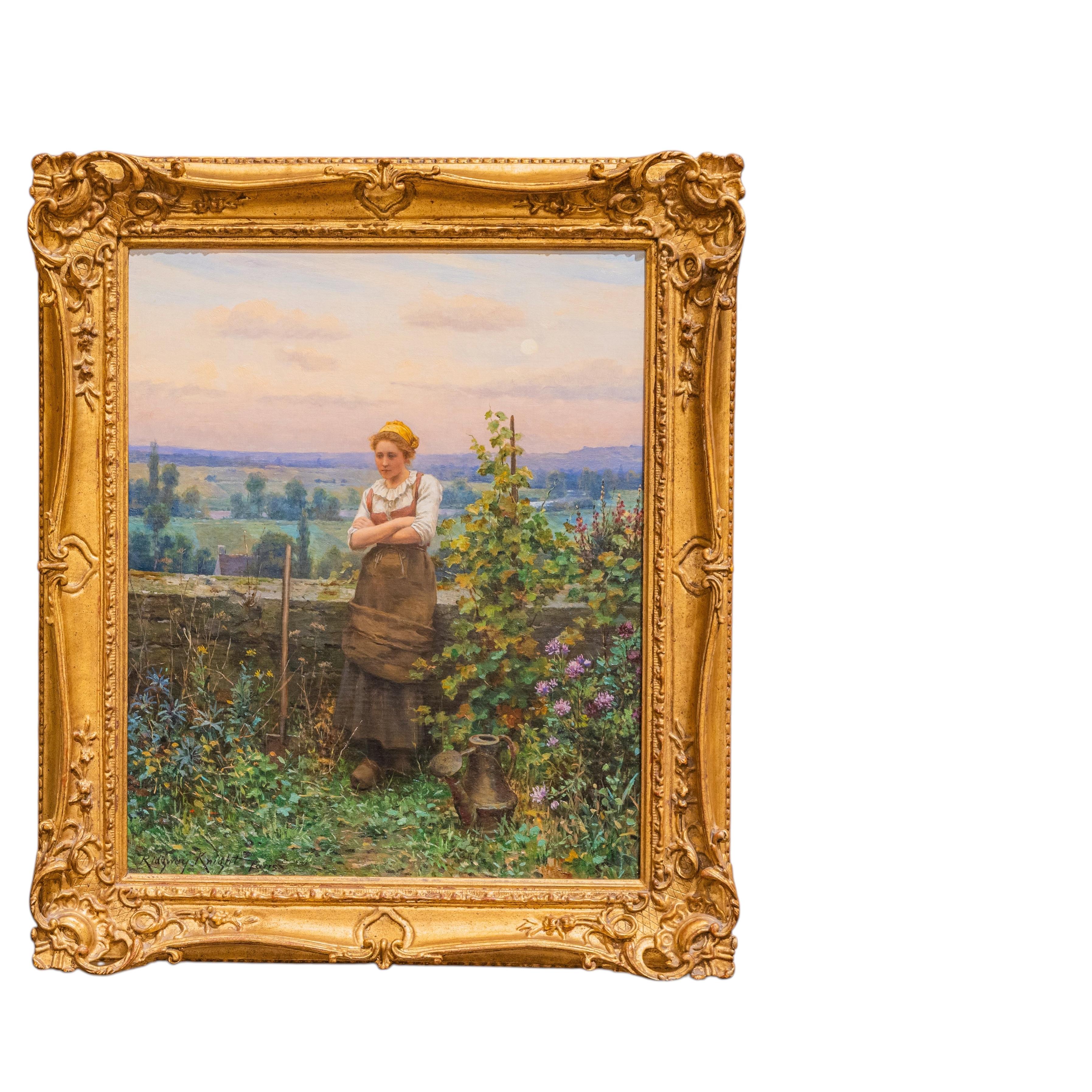 Fine oil on canvas painting by Daniel Ridgeway Knight. " Time to rest" For Sale