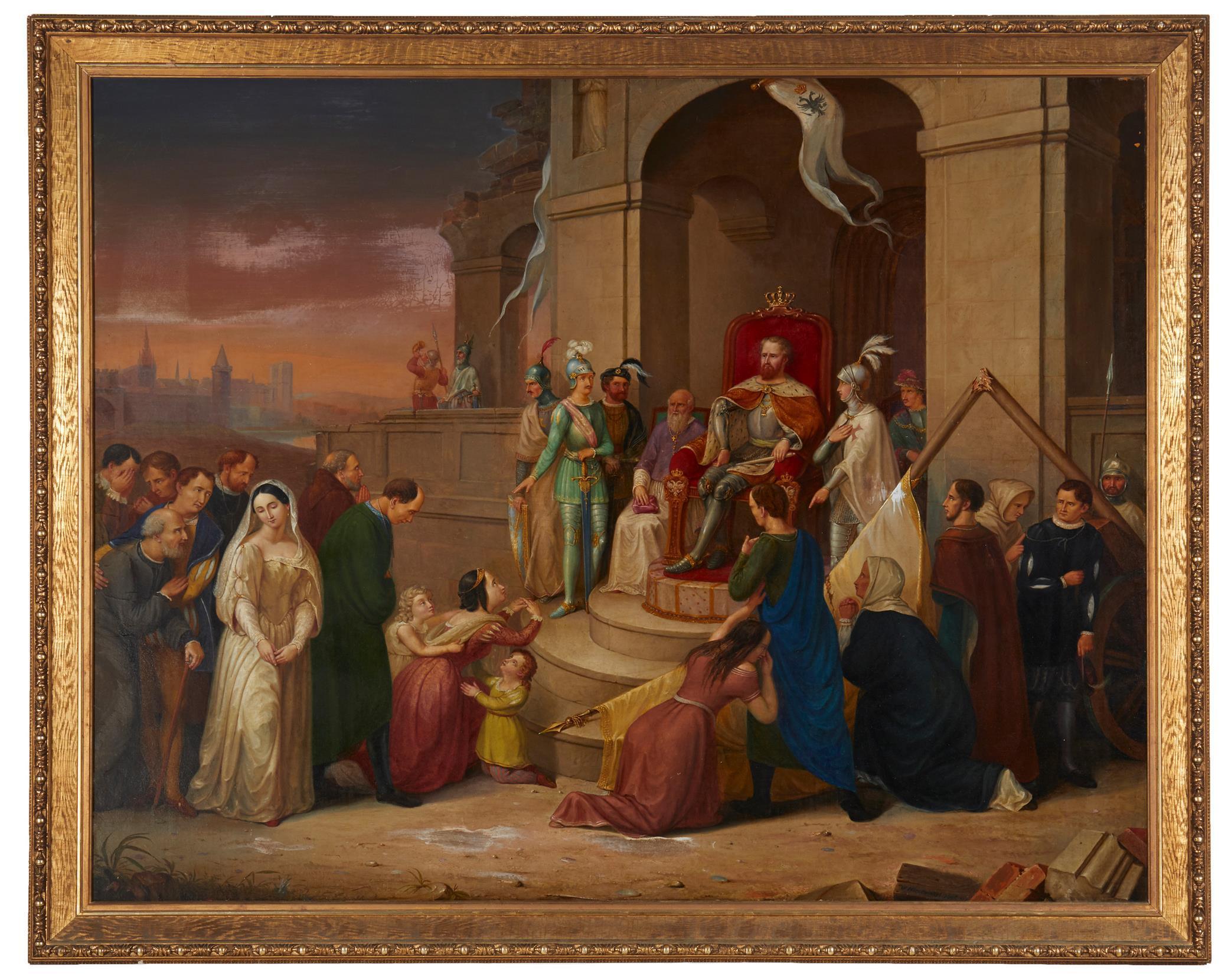 European Fine Oil On Canvas Petitions Of The Vassals, Antiques Signed W. Harsewinkel  For Sale