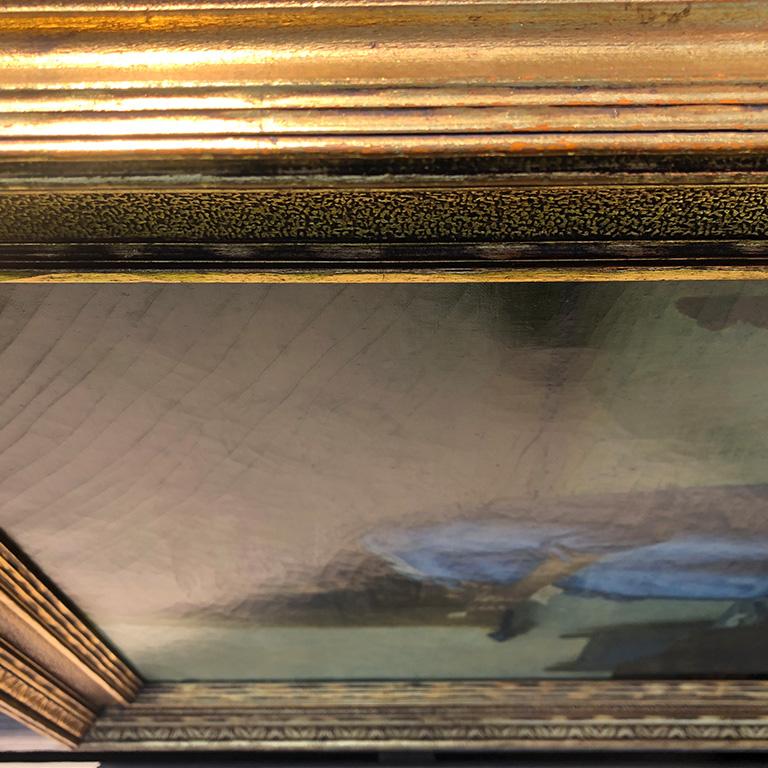 Bellissima riproduzione di un quadro di Vermeer in una cornice dorata. Questo pezzo è un olio su tela. La tela è fissata a un telaio di legno con dei chiodi. Craquelure su tutta la superficie. Un pezzo meraviglioso per qualsiasi stanza. 

Non si