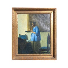 Reproduction à l'huile de la peinture de la femme en bleu du chef-d'œuvre de Vermeer