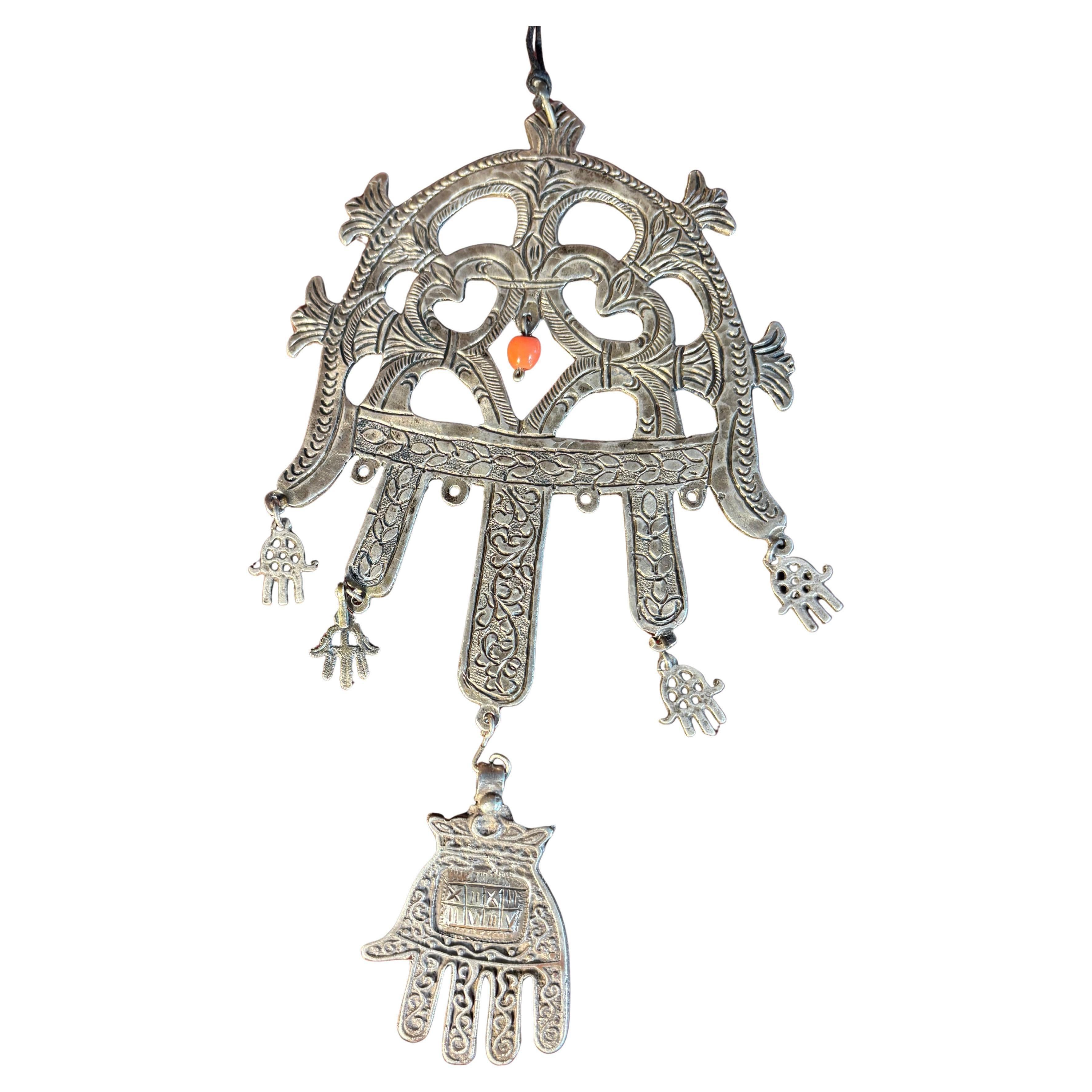 Fine Old Antique Silver Double Hamsa Protective Ornament With Red Carnelian Bead