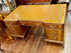 Fine Old English Burr Walnut Chippendale Style Leather Top Pedestal Desk