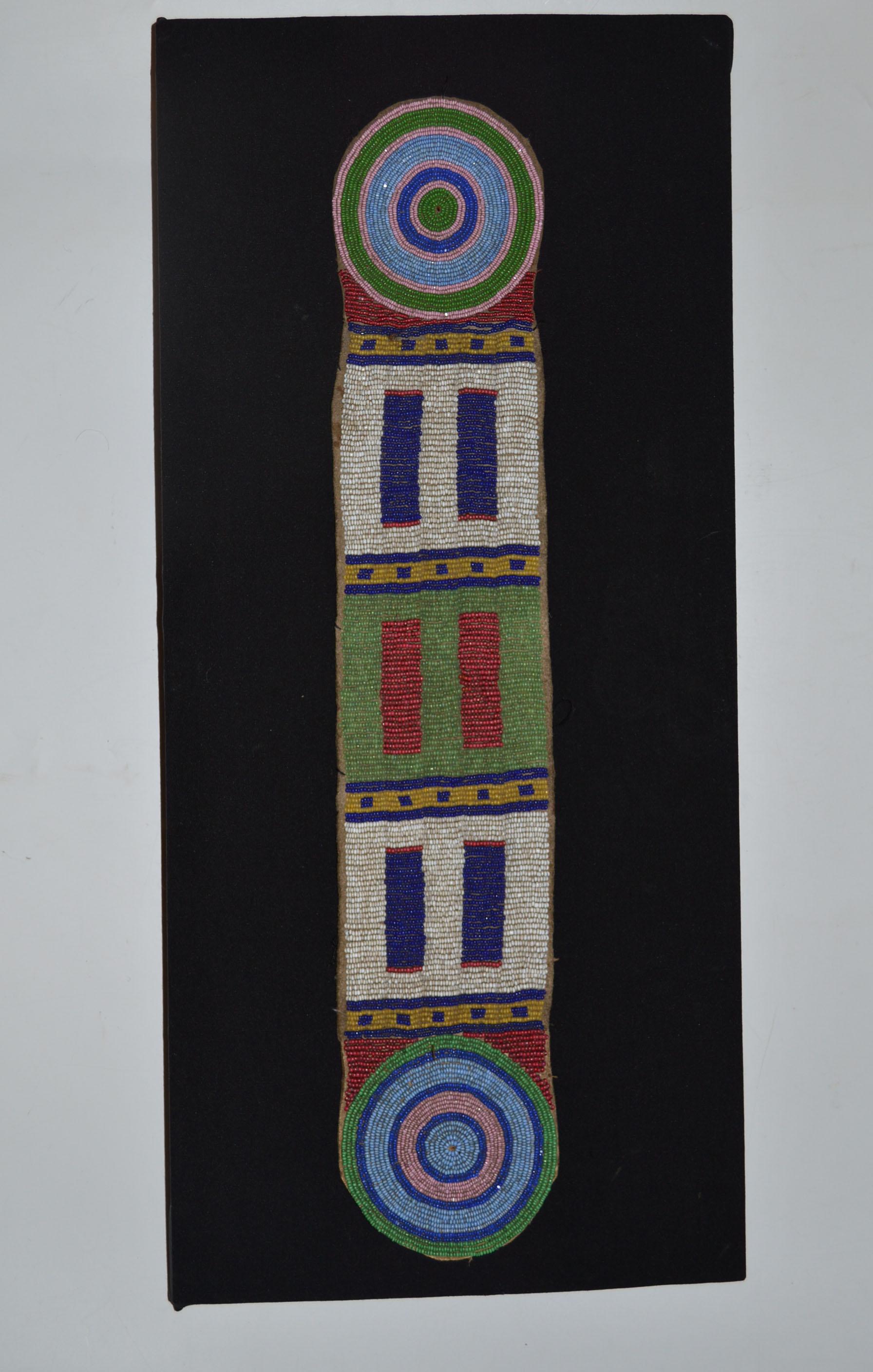 Fine old native American plains beaded strip Sioux
A beautiful plains Sioux panel very finely beaded on buck skin with geometric designs
A perfectly balanced design in both color and symmetry
Mounted on a black cloth covered frame
Period: Last