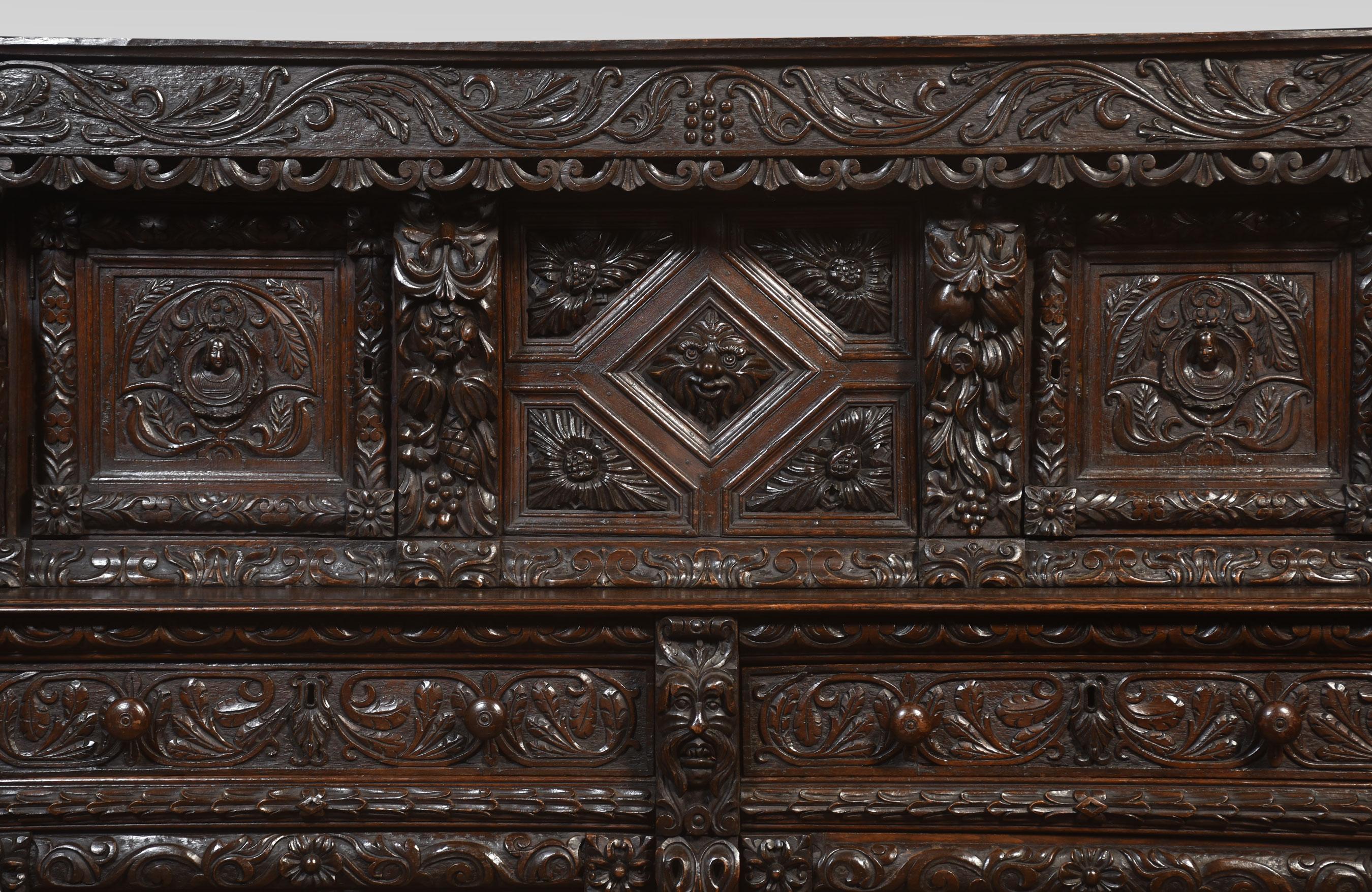 Fine Old Oak Profusely Carved Court Cupboard in Elizabethan Manor 5