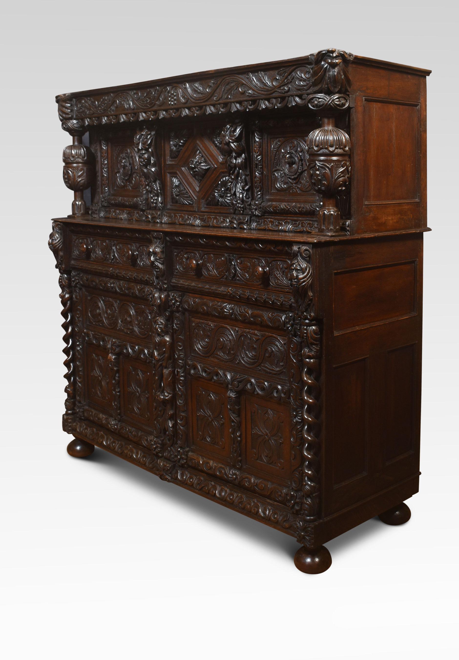 19th Century Fine Old Oak Profusely Carved Court Cupboard in Elizabethan Manor