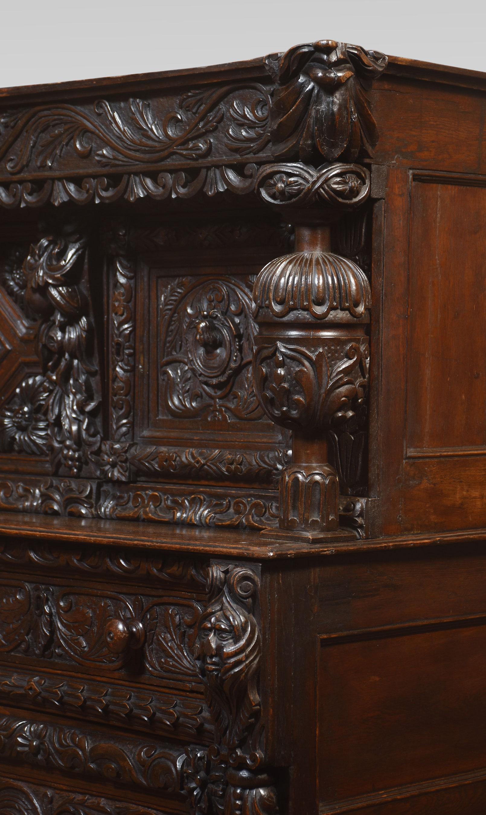 Fine Old Oak Profusely Carved Court Cupboard in Elizabethan Manor 1