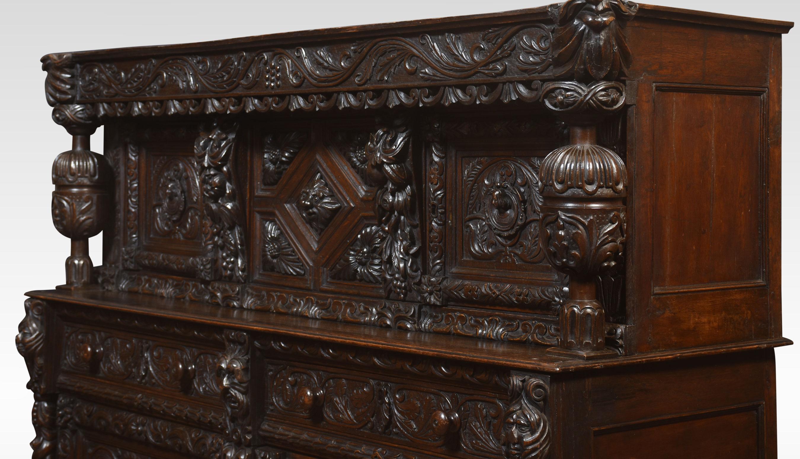 Fine Old Oak Profusely Carved Court Cupboard in Elizabethan Manor 2