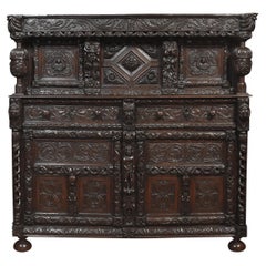 Antique Fine Old Oak Profusely Carved Court Cupboard in Elizabethan Manor