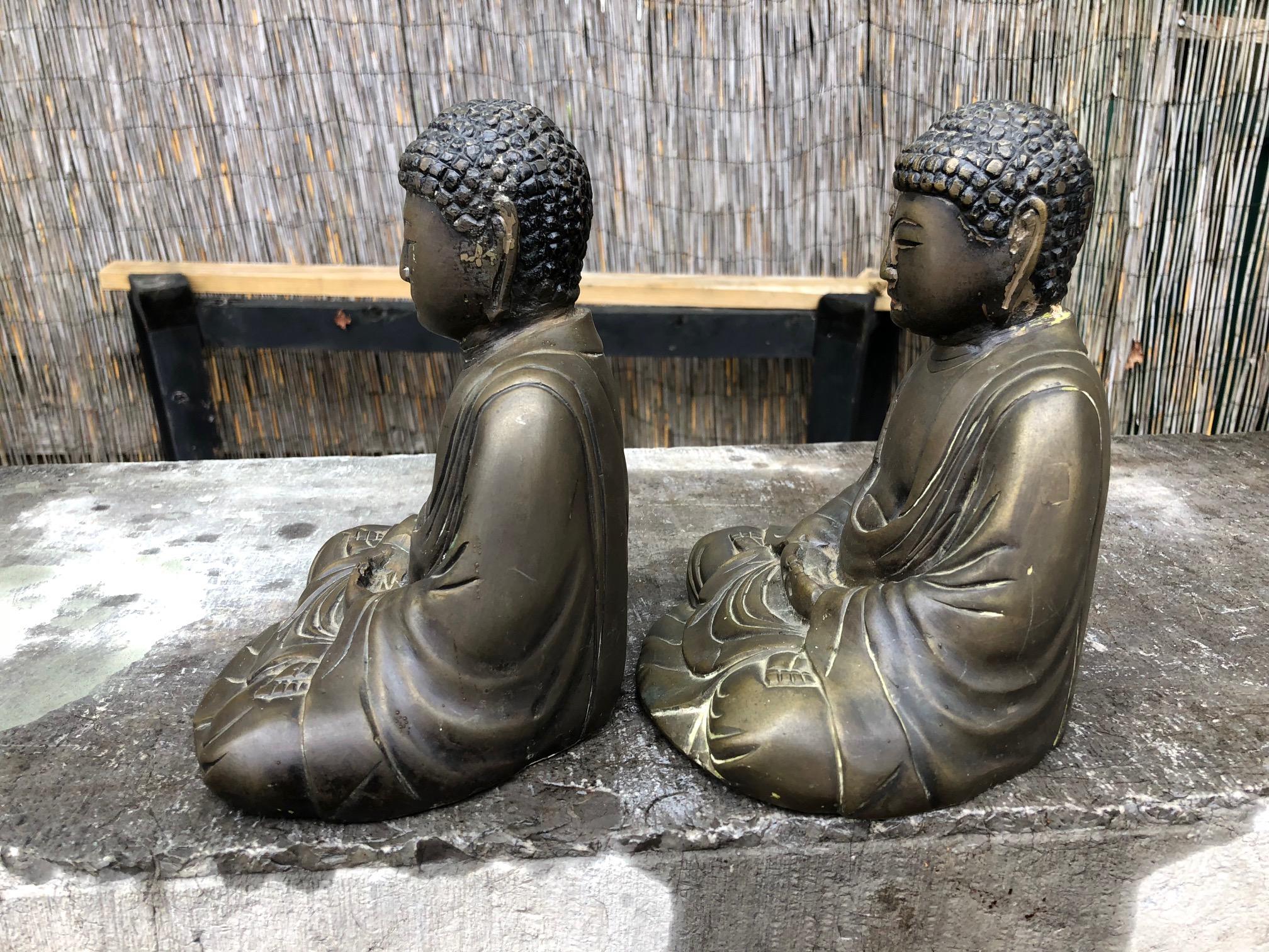 Cast Fine Old Pair Japanese Bronze Seated Buddhas