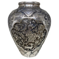 Antique Fine Old Persian Islamic Qhalamzani Repousse Silver Vase