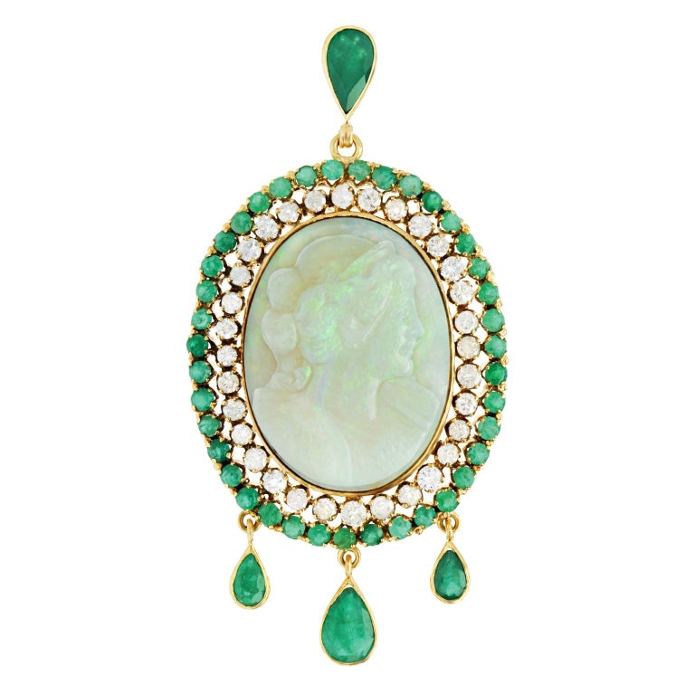 Fine Opal Cameo Emerald and Diamond Set Gold Pendant For Sale at 1stDibs