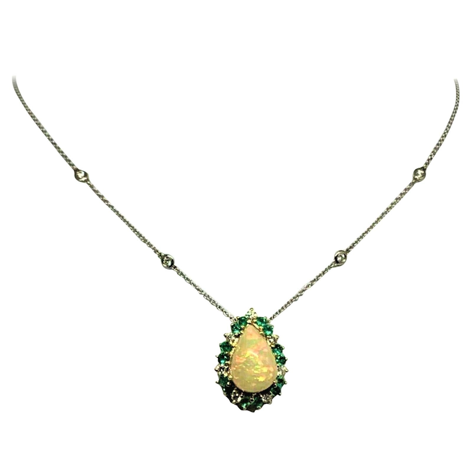 Fine Opal Diamond and Emerald 14 Karat 8.57 Carat Necklace Certified