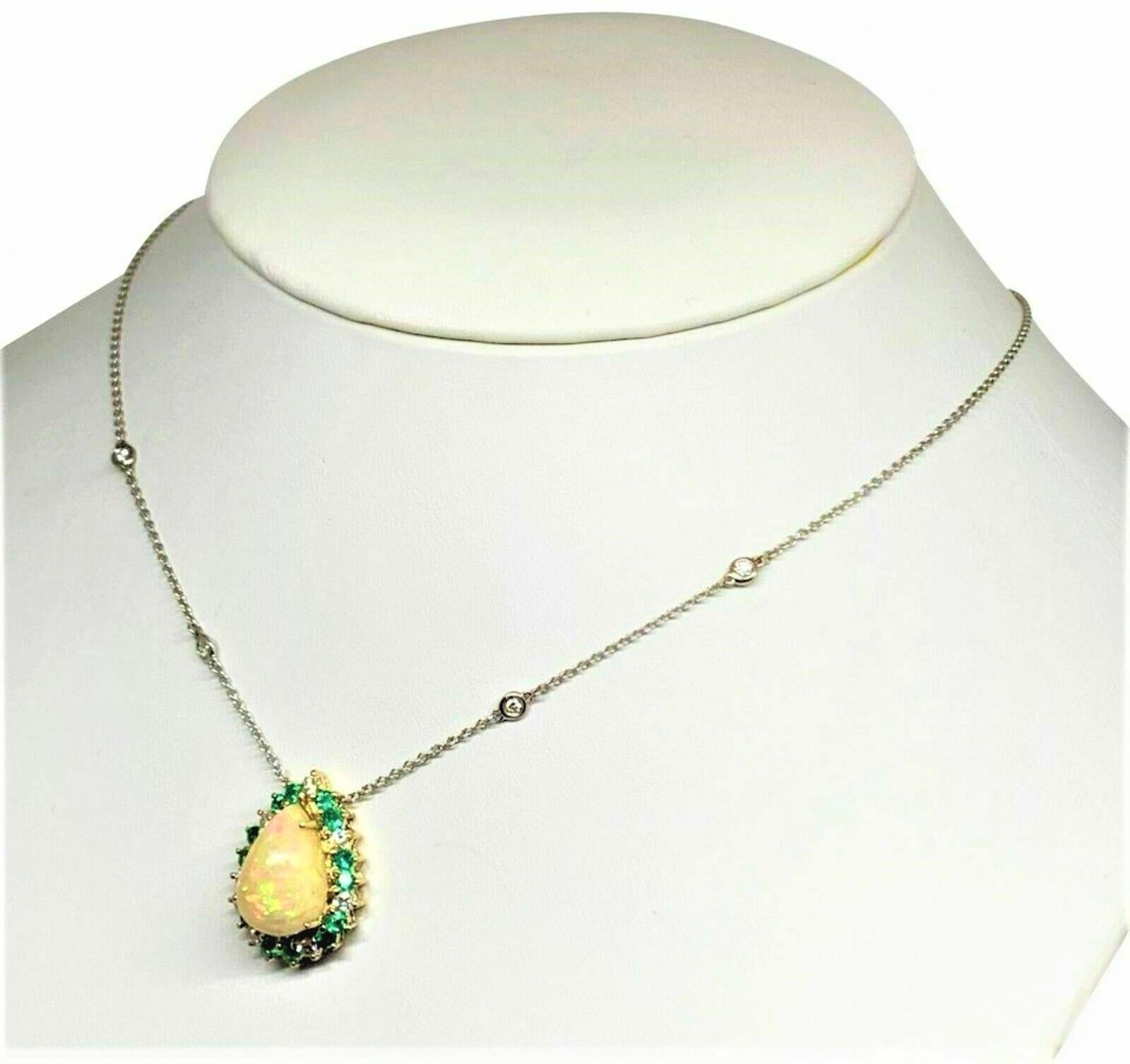 Modern Fine Opal Diamond and Emerald 14 Karat 8.57 Carat Necklace Certified