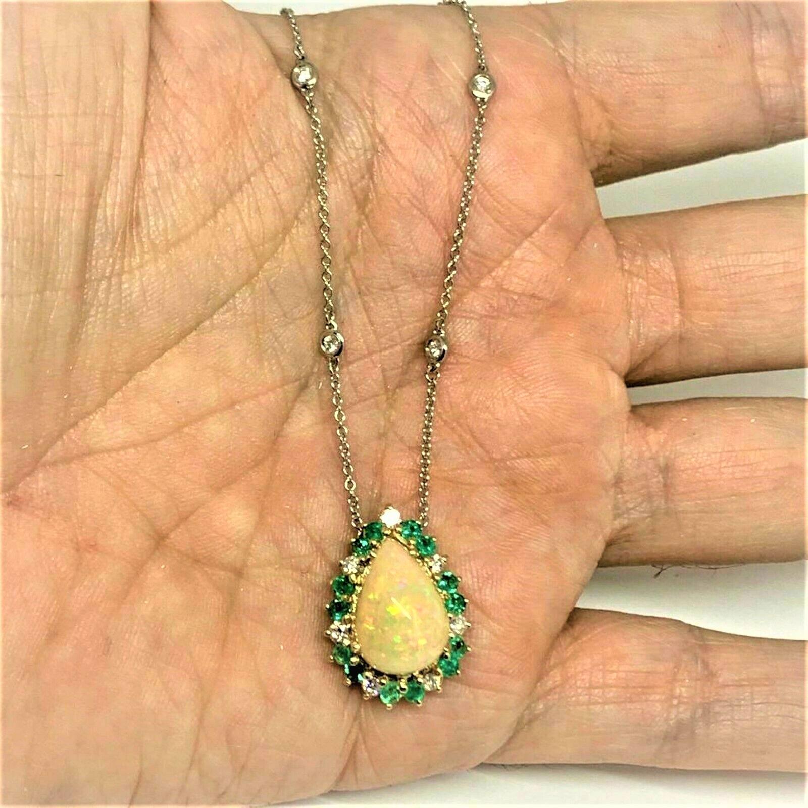 Pear Cut Fine Opal Diamond and Emerald 14 Karat 8.57 Carat Necklace Certified