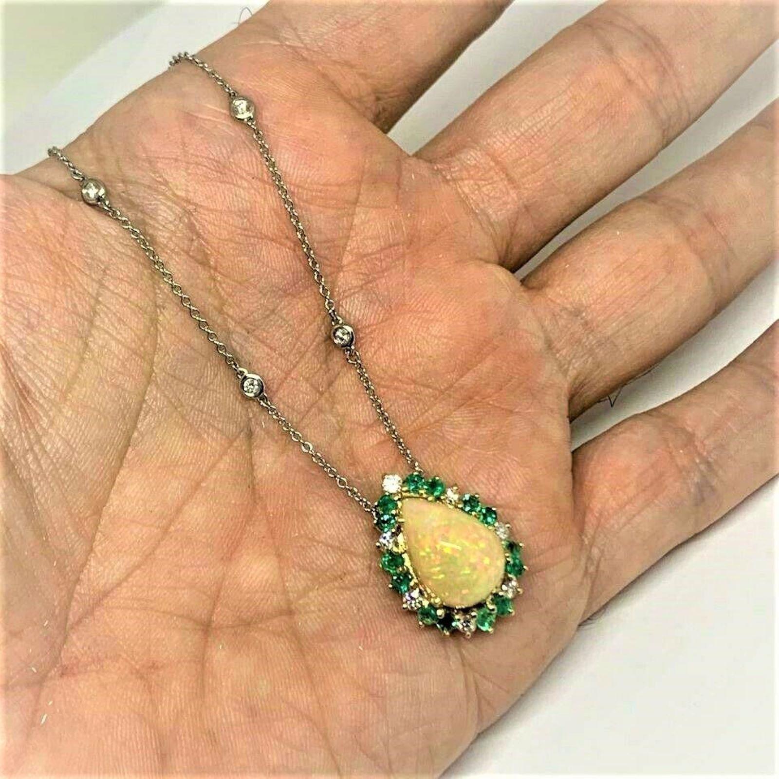 Women's Fine Opal Diamond and Emerald 14 Karat 8.57 Carat Necklace Certified