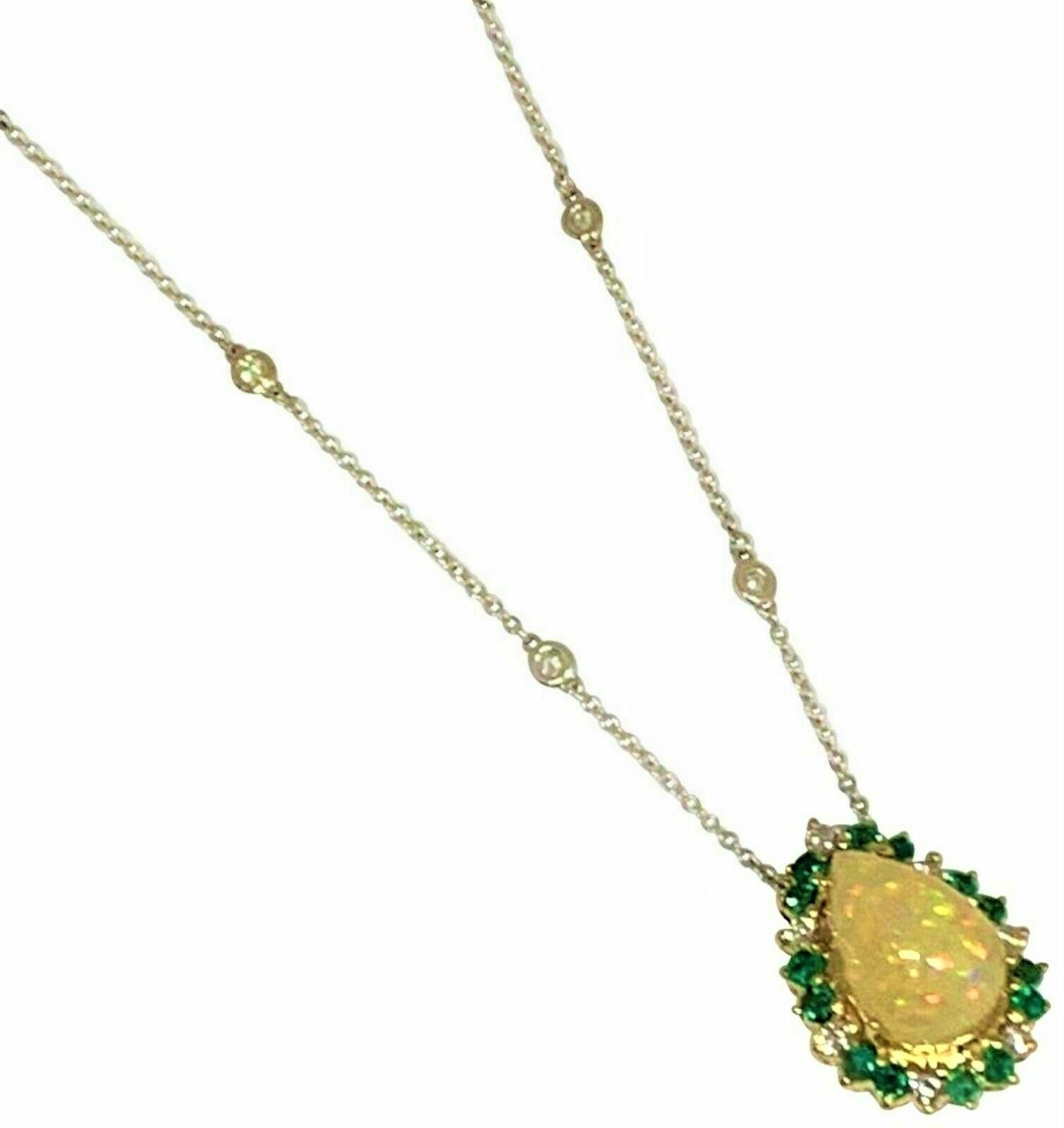 Fine Opal Diamond and Emerald 14 Karat 8.57 Carat Necklace Certified 1