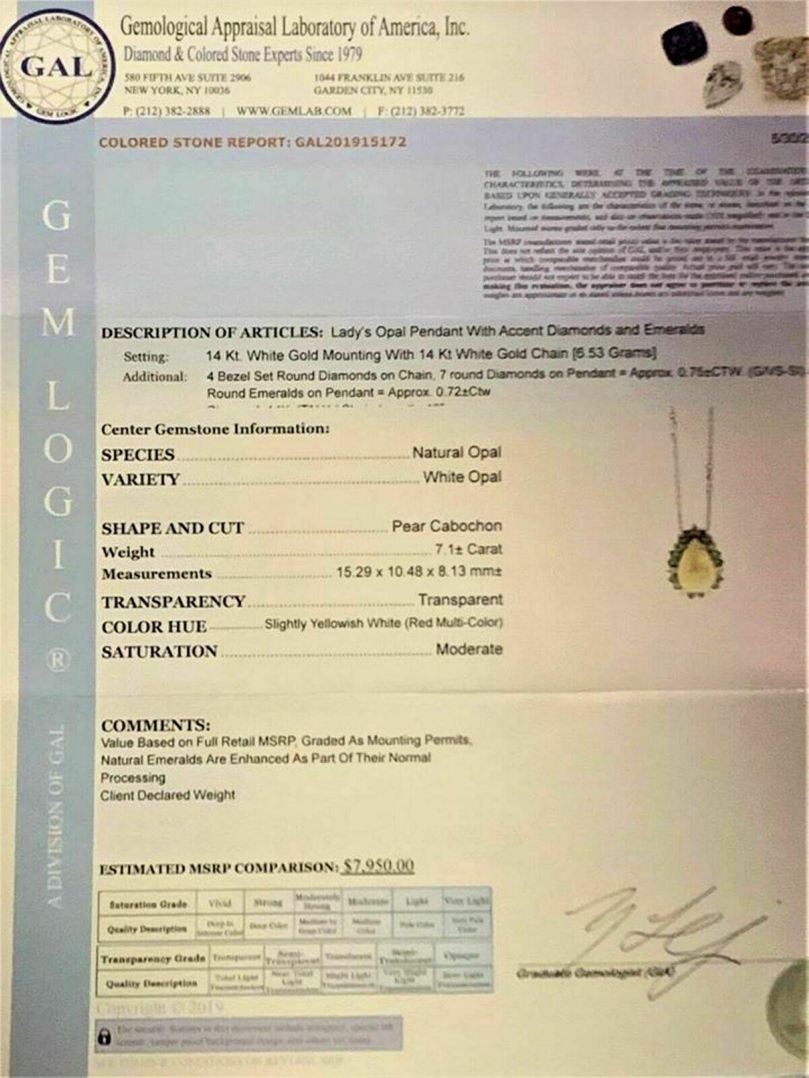 Fine Opal Diamond and Emerald 14 Karat 8.57 Carat Necklace Certified 3