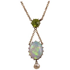 Vintage Fine Opal Peridot Baroque Pearl Necklace Pendant circa 1930s Jewelry