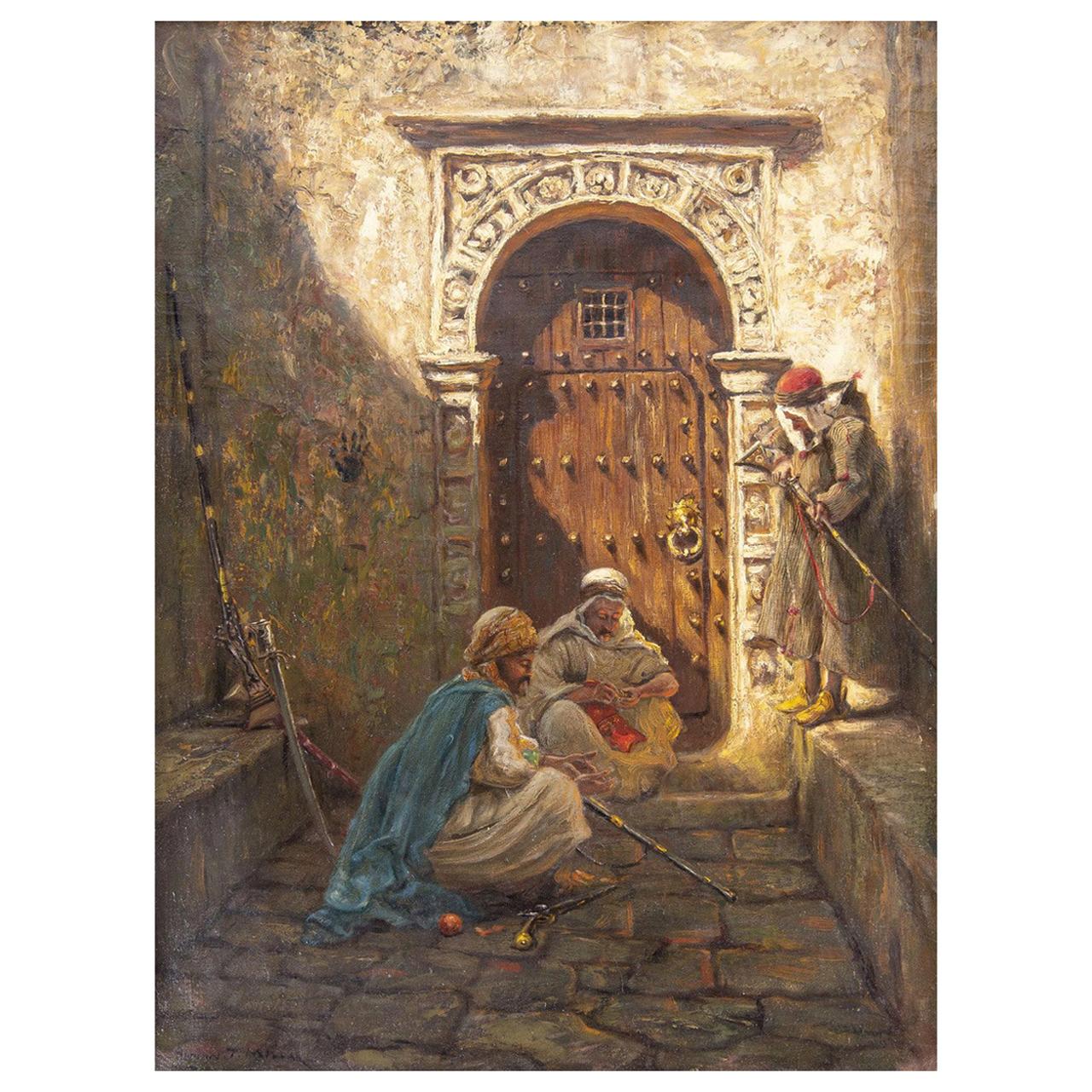Title: Guarding the Harem
Artist: Addison Thomas Millar (1860-1913)
Origin: American
Date: 19th century
Medium: Oil on canvas
Signature: Signed ‘Addison T. Millar’ L/L
Dimension: 23 3/4 in. x 17 3/4 in. Canvas; 26 1/2 in. x 20 1/2 in. Frame.
