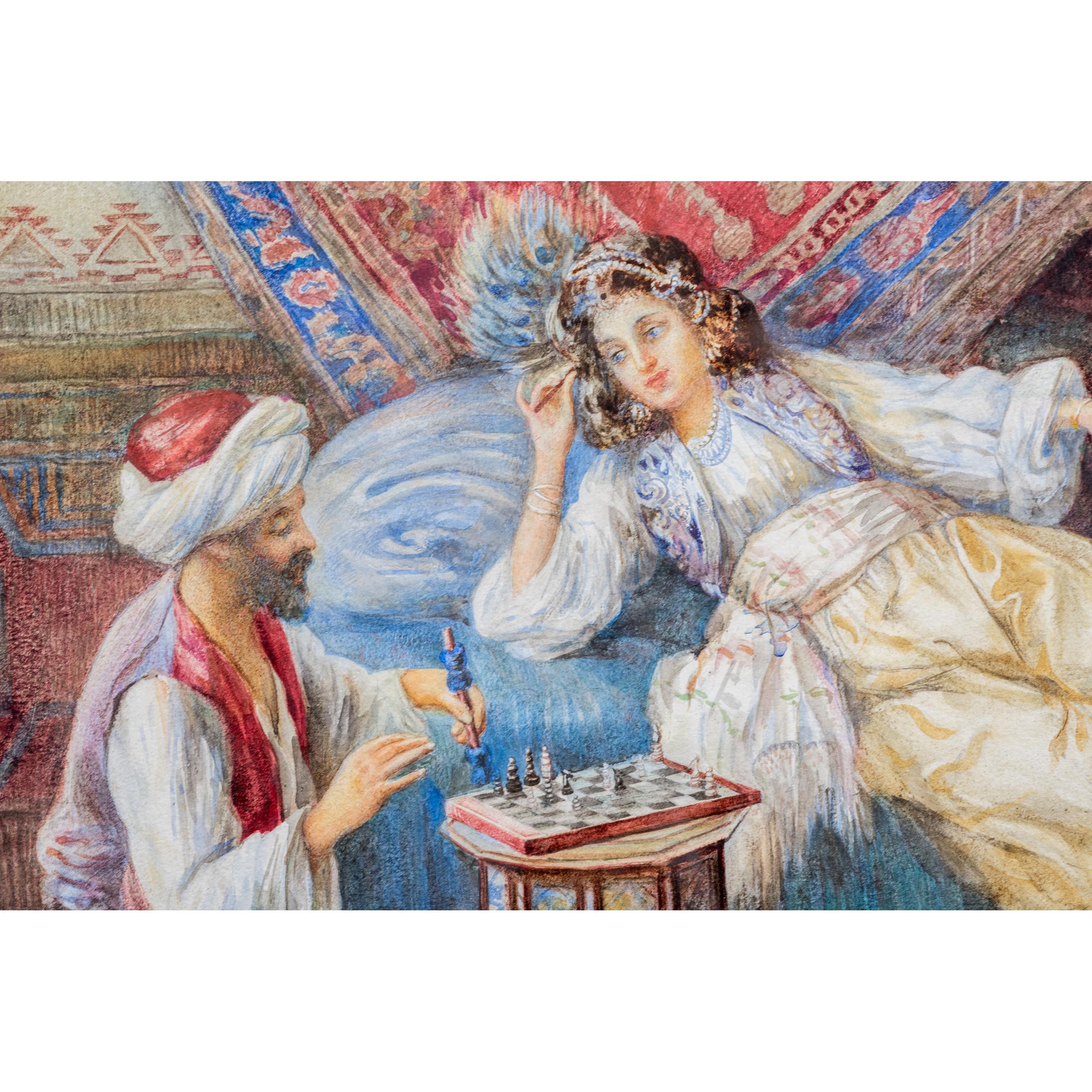 Title: The Chess Game
Artist: Umberto Cacciarelli (1880-1910)
Origin: Italian
Medium: Watercolour
Dimension: image: 25 1/2 in. x 19 1/2 in.; frame: 29 1/2 in. x 23 1/4 in.