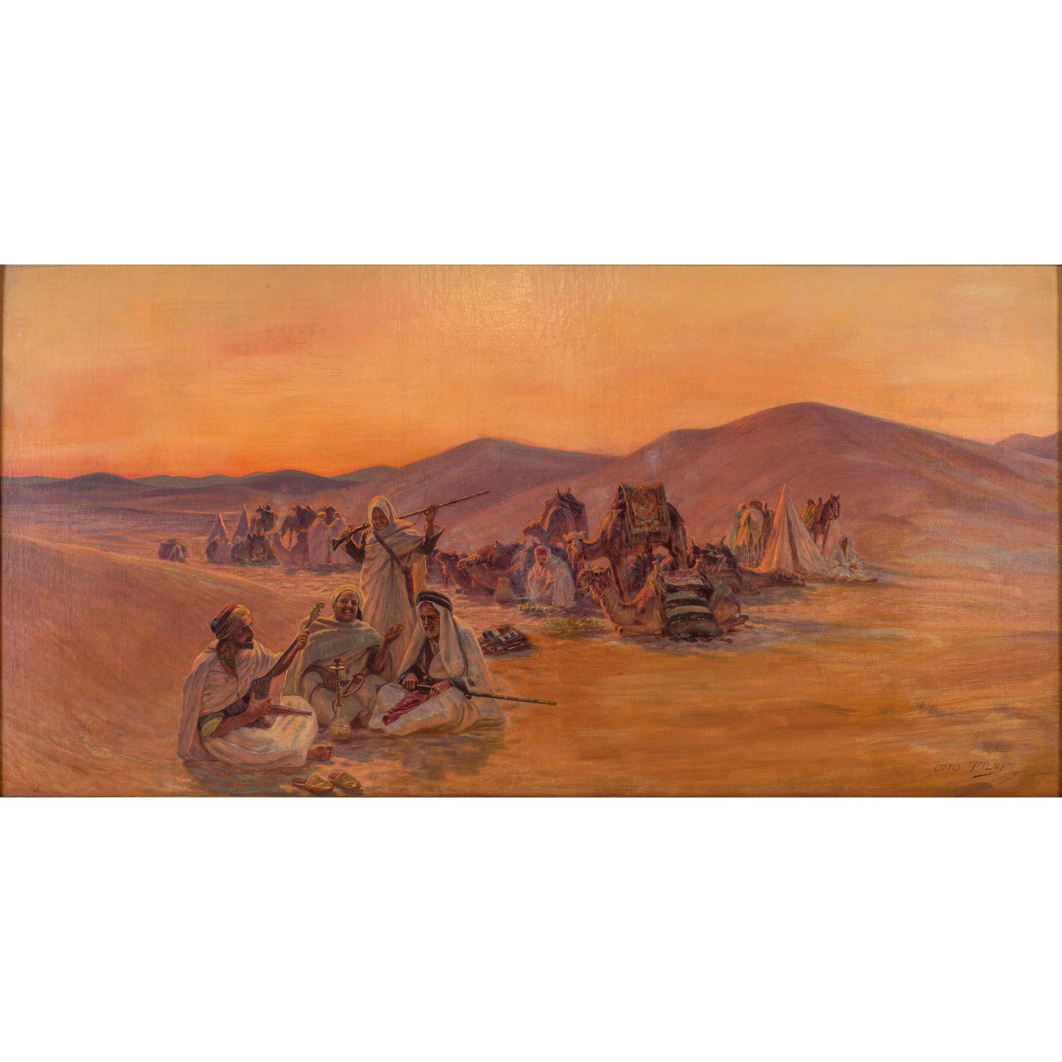 Title: Bedouin Camp
Artist: Otto Pilny (Swiss, 1866–1936)
Date: Circa 1920
Signature: Signed 'OTTO PILNY' LR
Medium: oil on canvas
Dimension: 18 1/2 in. x 36 in.
 