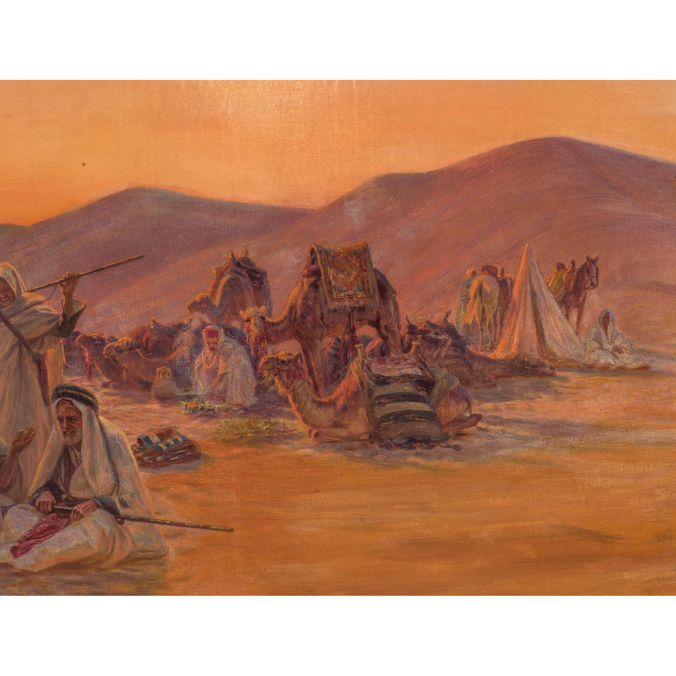 Painted Fine Orientalist Painting of a Bedouin Camp by Otto Pilny