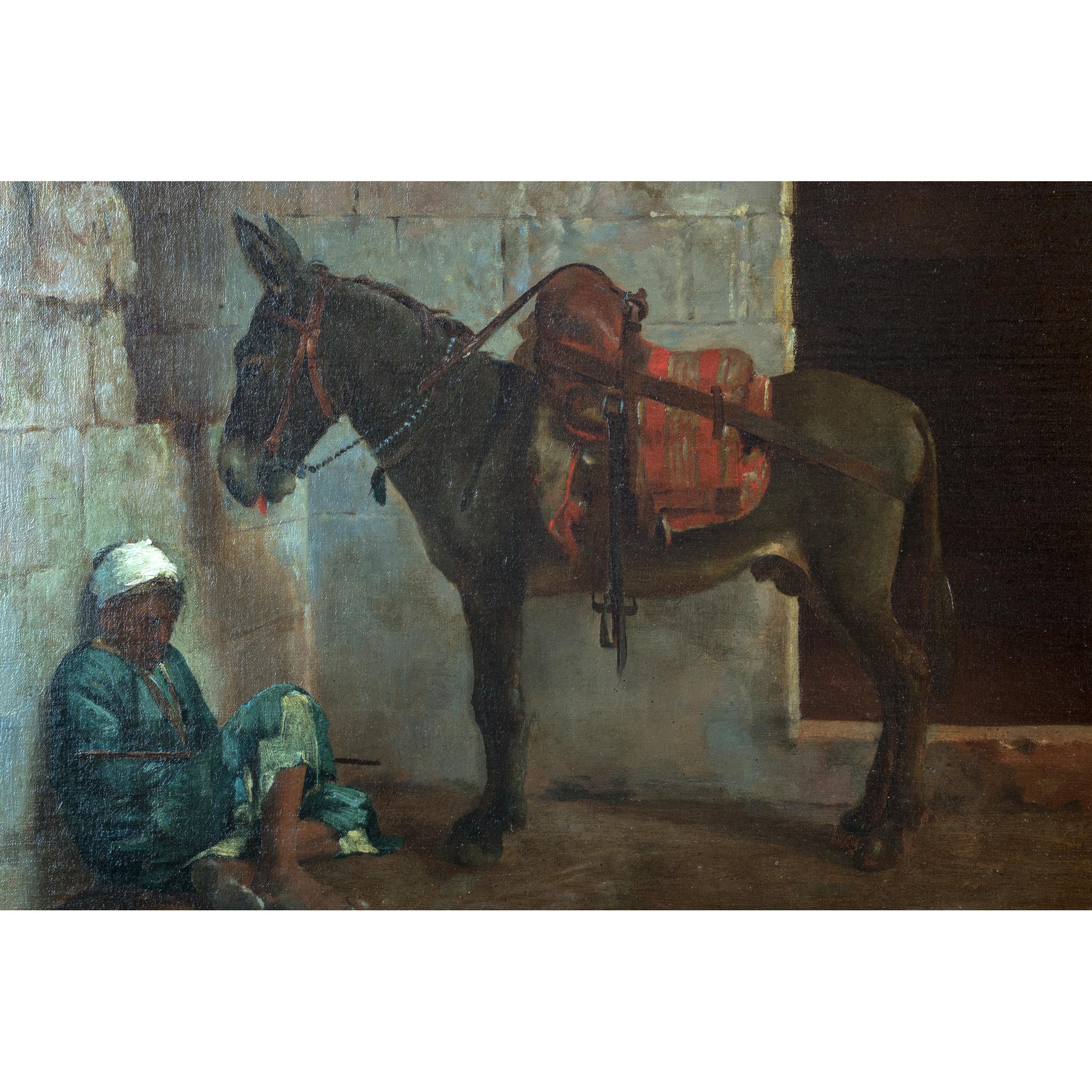 Hand-Painted Fine Orientalist Painting of a Young Boy with Donkey by Nicola Forcella