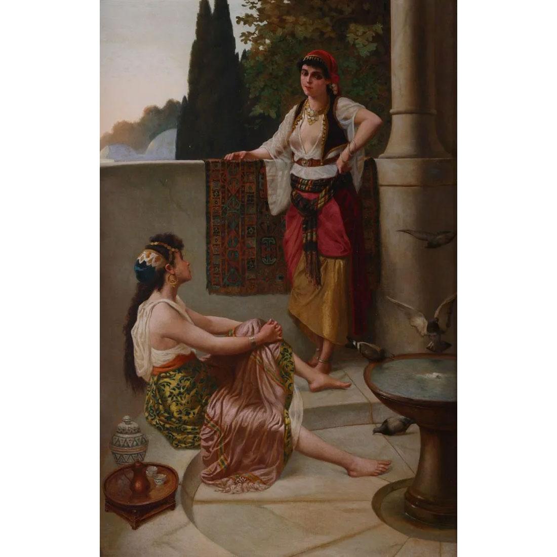 A fine orientalist painting of two women in a harem by Stiepevich

A fine orientalist oil painting depicting two women conversing in a harem.
Artist: Vincent G. Stiepevich (Russo-American, 1841-1910)
Date: 19th Century
Medium: Oil on