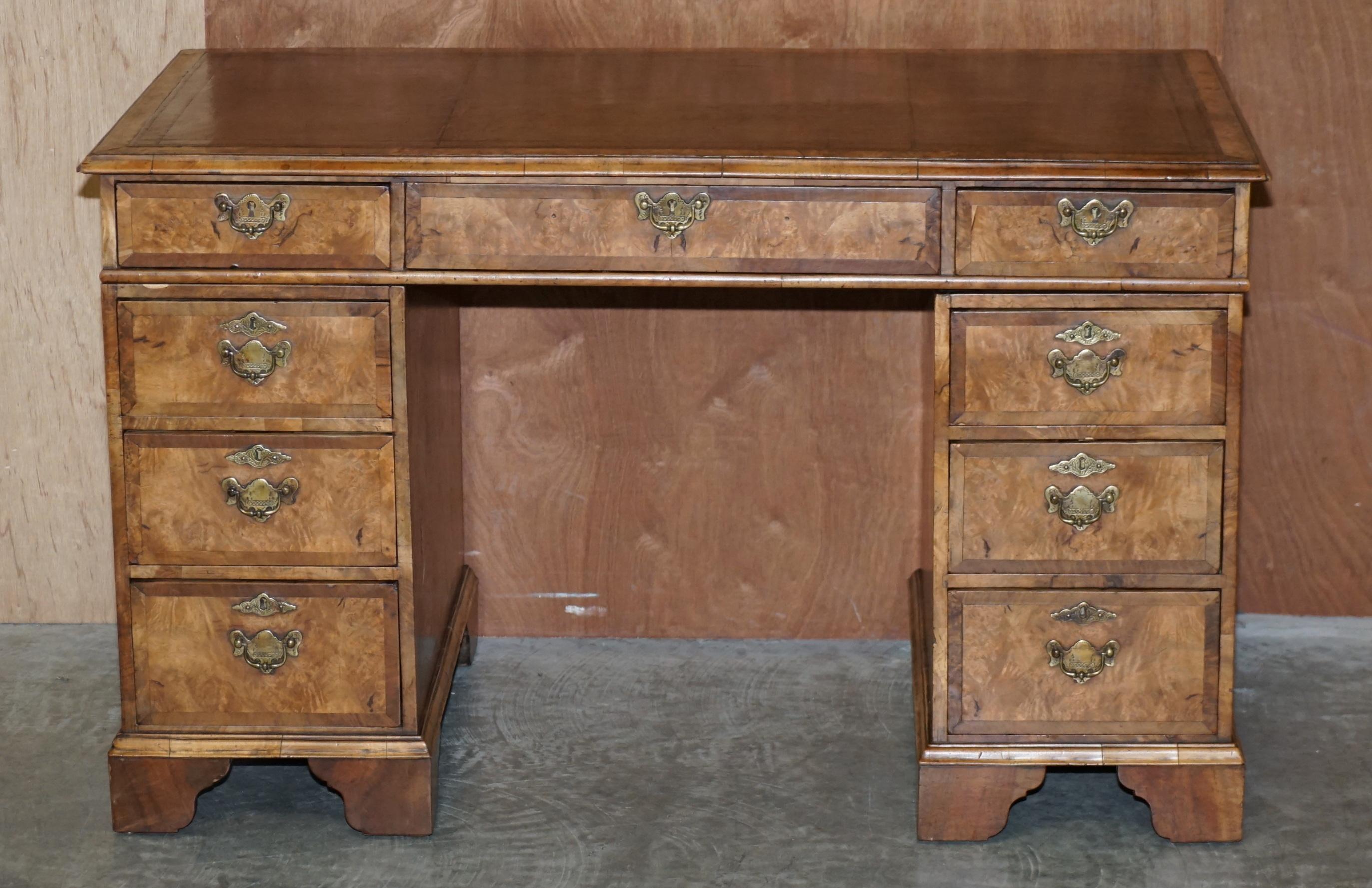We are delighted to offer for sale this lovely hand made in England Burr Walnut with age brown leather writing surface twin pedestal desk

This is an important and sophisticated piece of English Victorian furniture. Every discerning gentleman’s