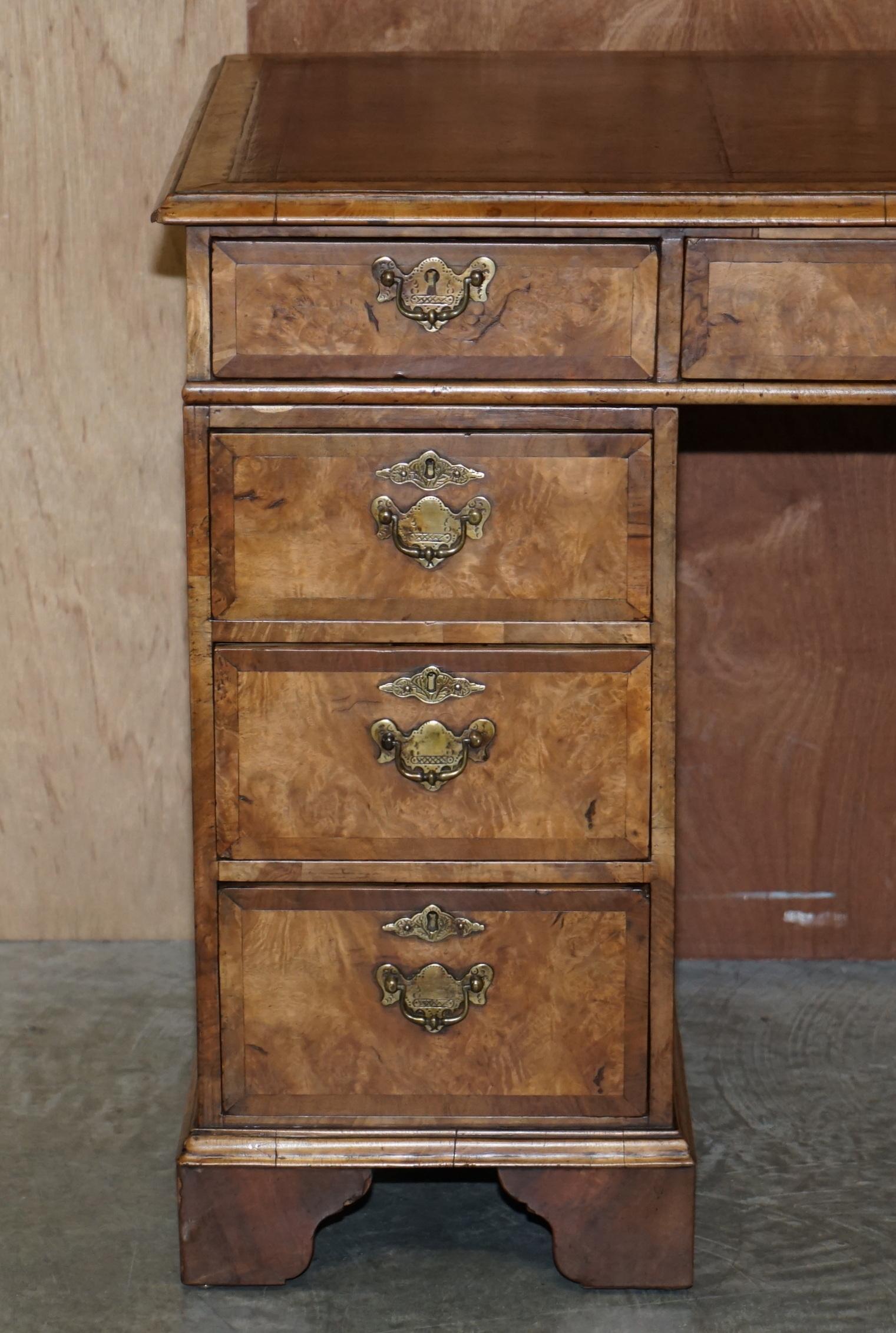 English Fine Original Antique Victorian Burr Walnut & Brown Leather Twin Pedestal Desk For Sale