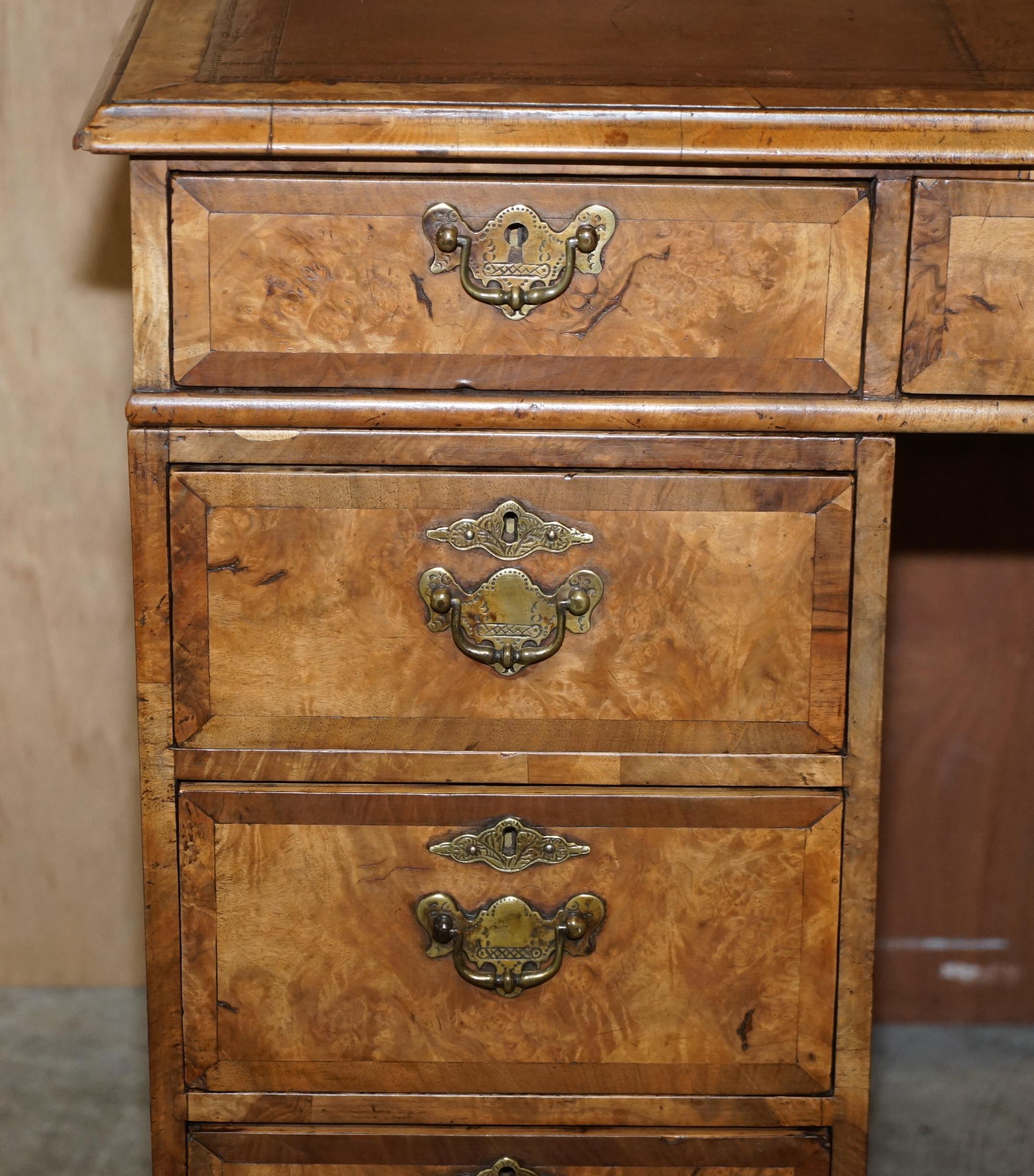 Hand-Crafted Fine Original Antique Victorian Burr Walnut & Brown Leather Twin Pedestal Desk For Sale