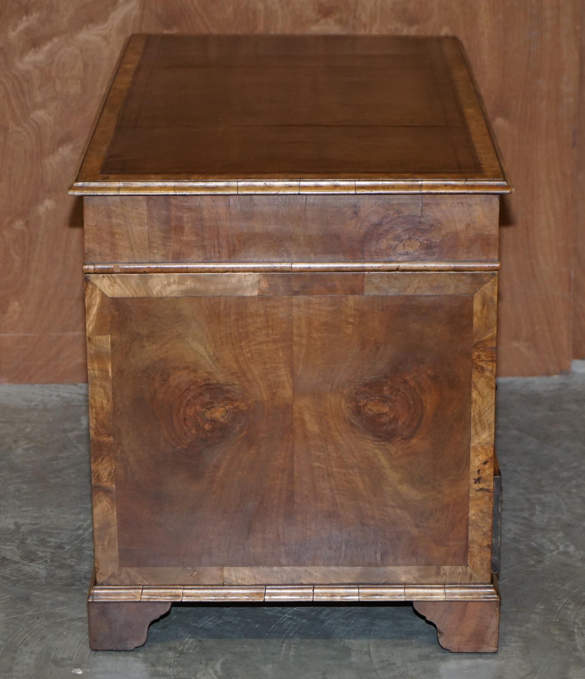 Original antiker viktorianischer Schreibtisch aus Wurzelnussholz und braunem Leder mit zwei Sockeln, Original im Angebot 2