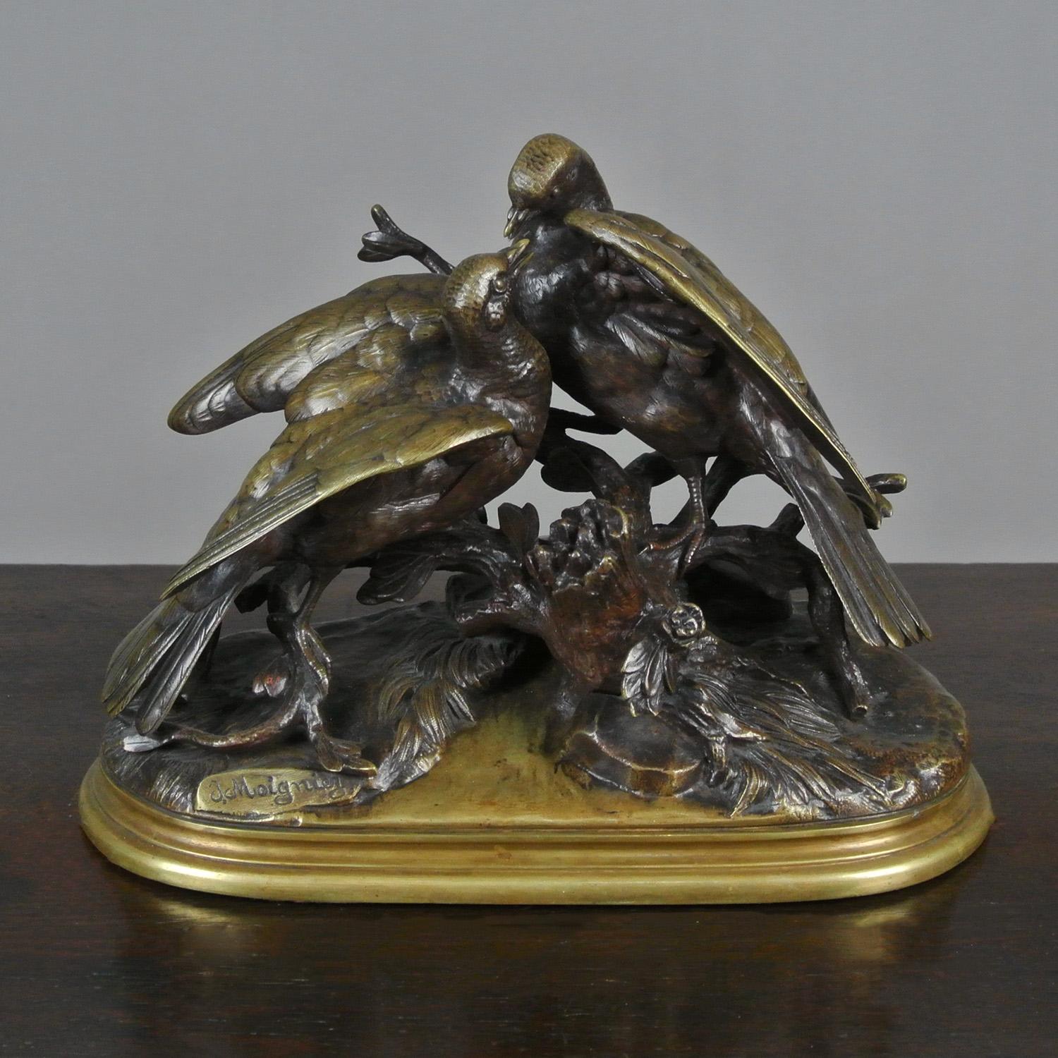 A very fine original bronze group of lovebirds by the French sculptor Jules Moigniez (b. 1835 d. 1984)

Moigniez studied in Paris under Comolera and exhibited first at the Exposition Universelle of 1865.

He received a medal at the Great Exhibition