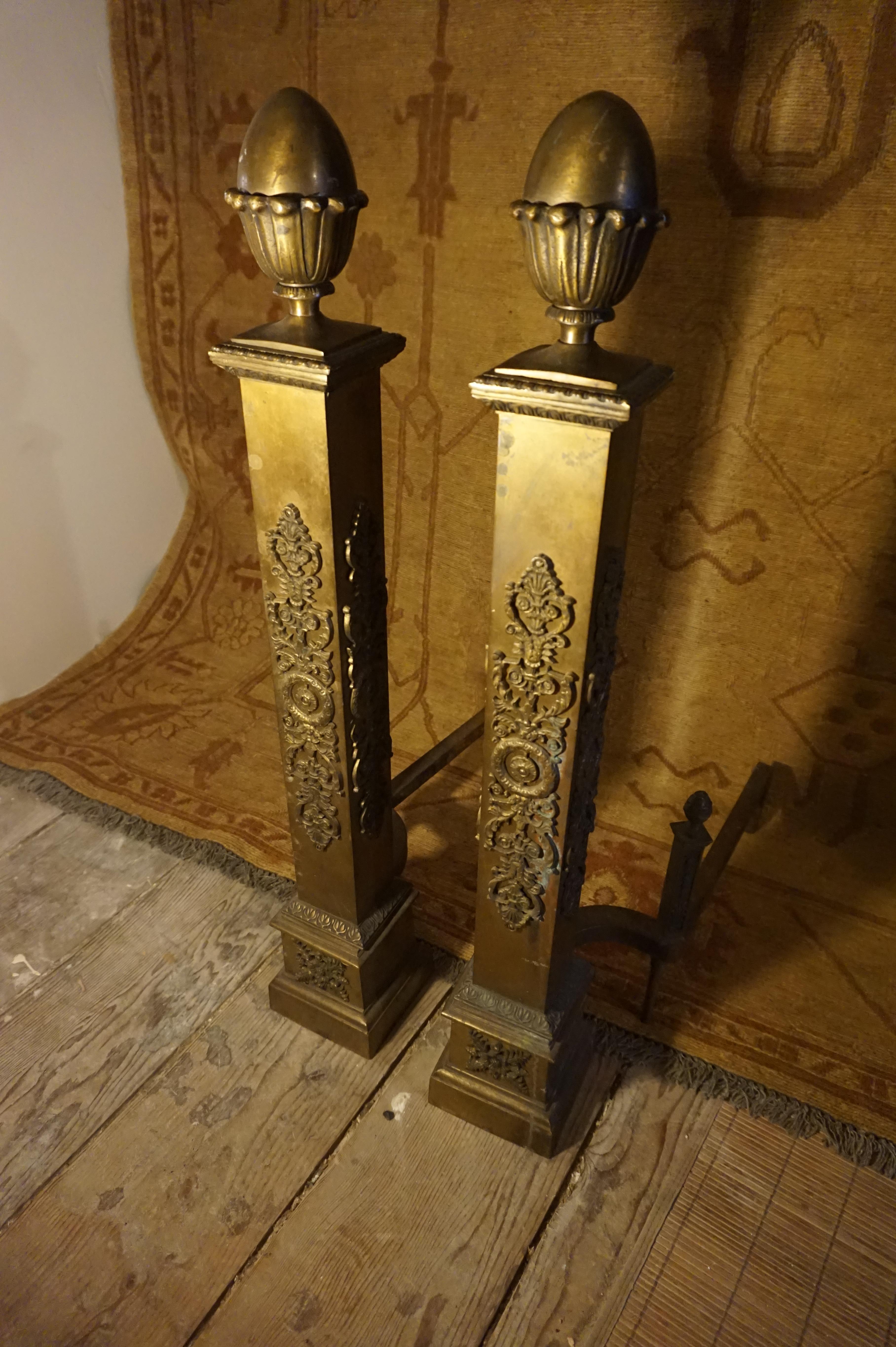 Solid brass original Napoleon III andirons in excellent condition exuding character. Stately and well proportioned with exquisite brass work and 