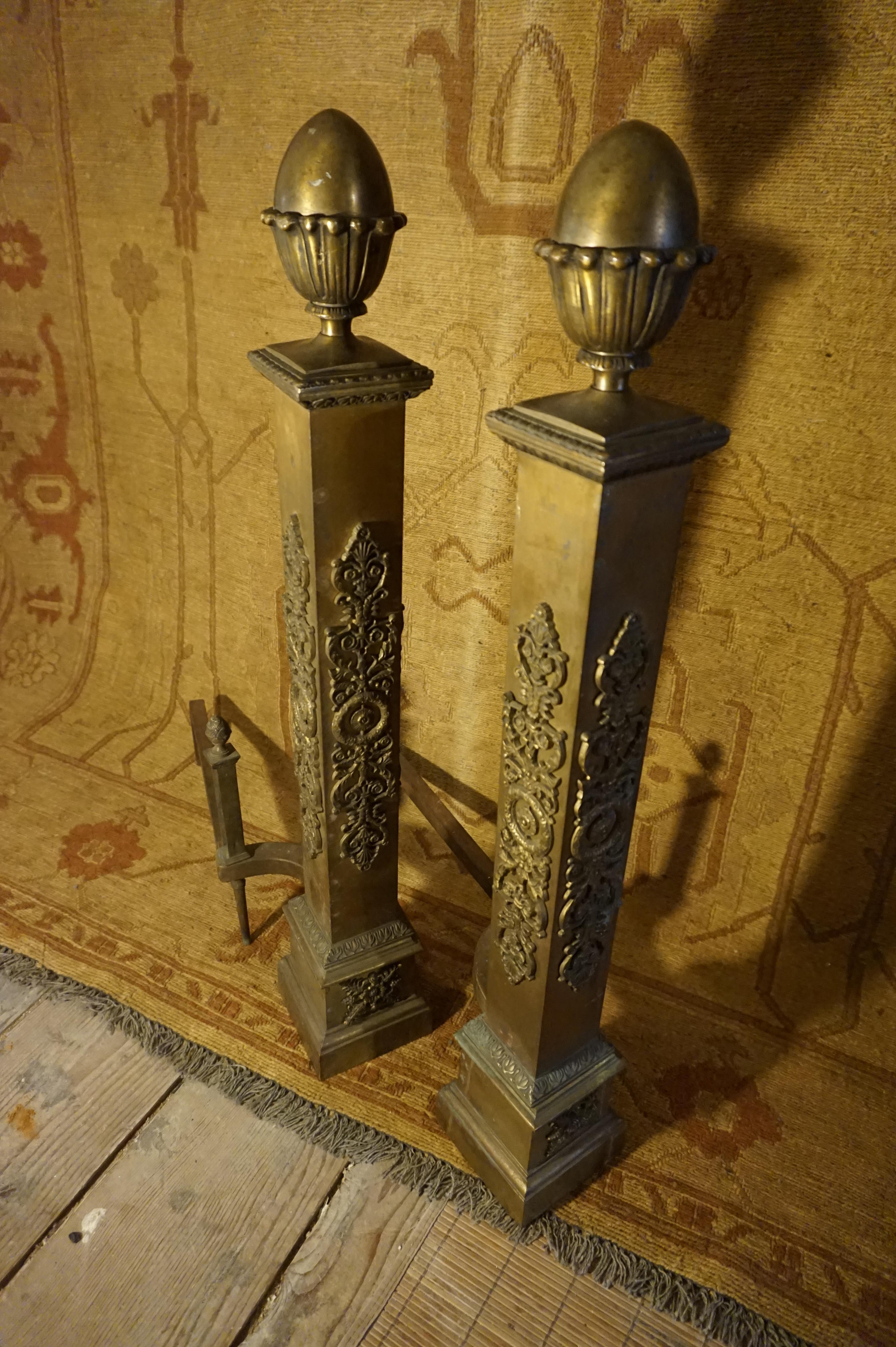 Forged Fine Original Patina Large Brass French Napolean III Andirons For Sale