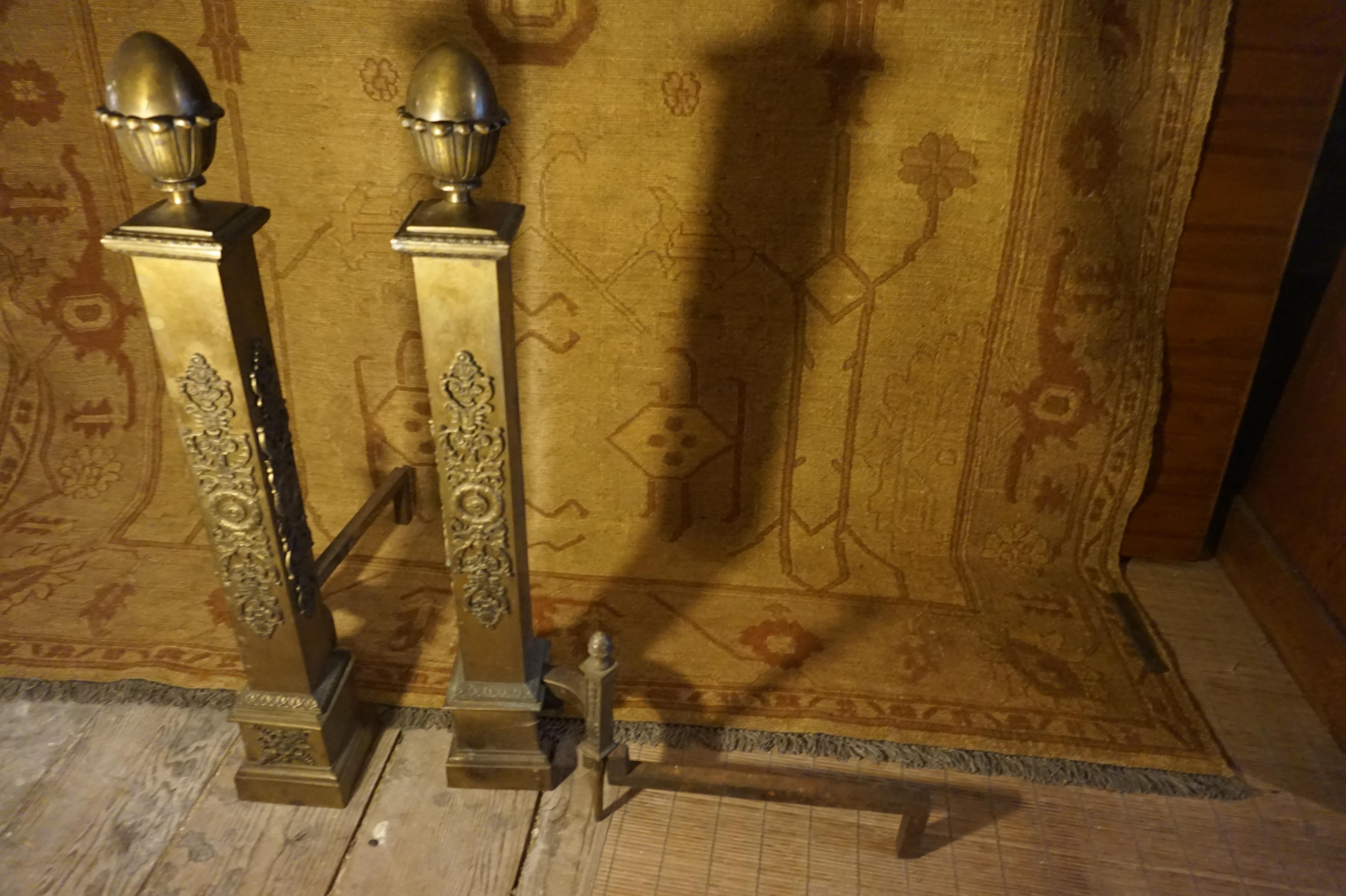 Fine Original Patina Large Brass French Napolean III Andirons In Good Condition For Sale In Vancouver, British Columbia