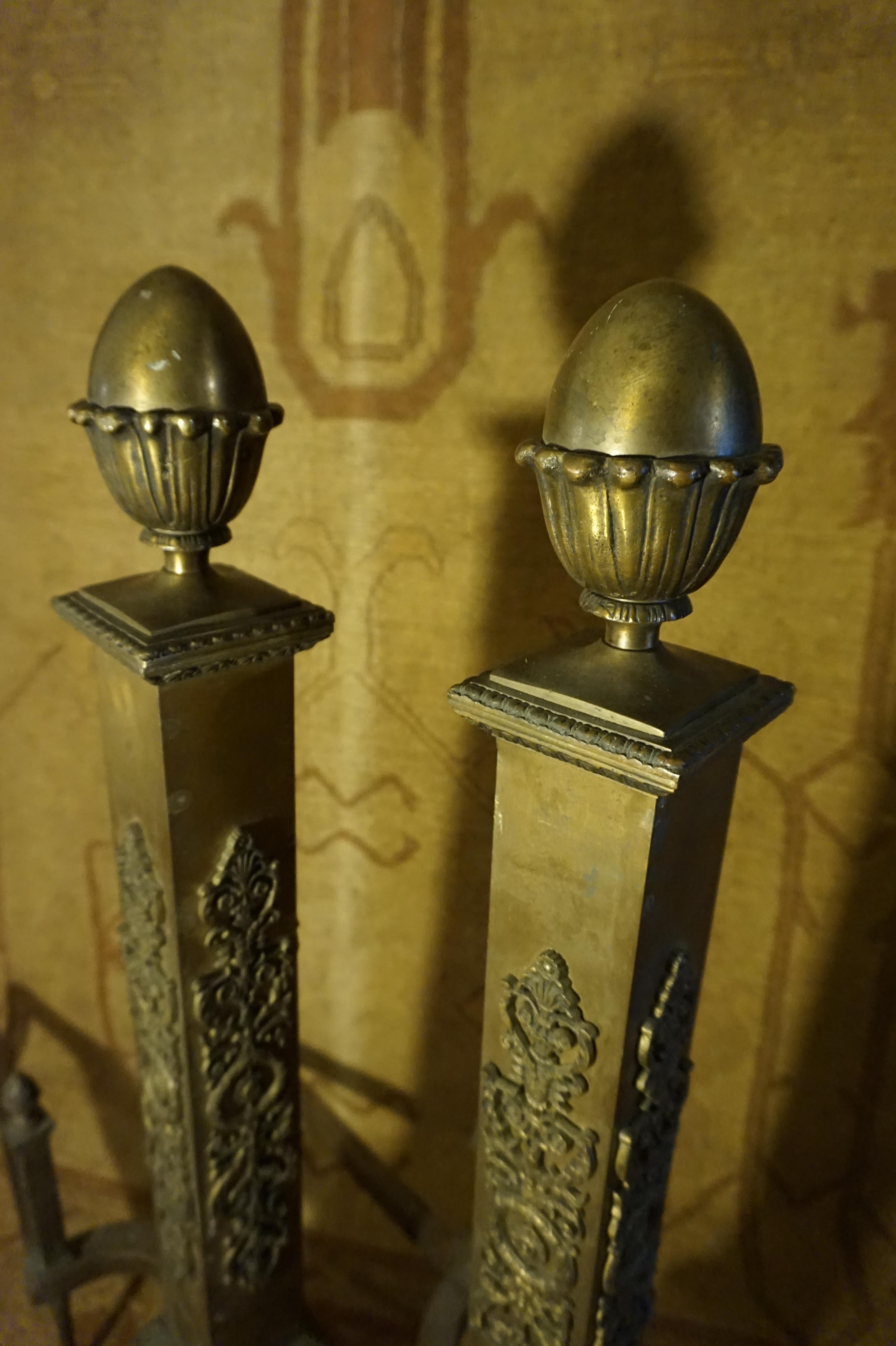 Fine Original Patina Large Brass French Napolean III Andirons For Sale 2
