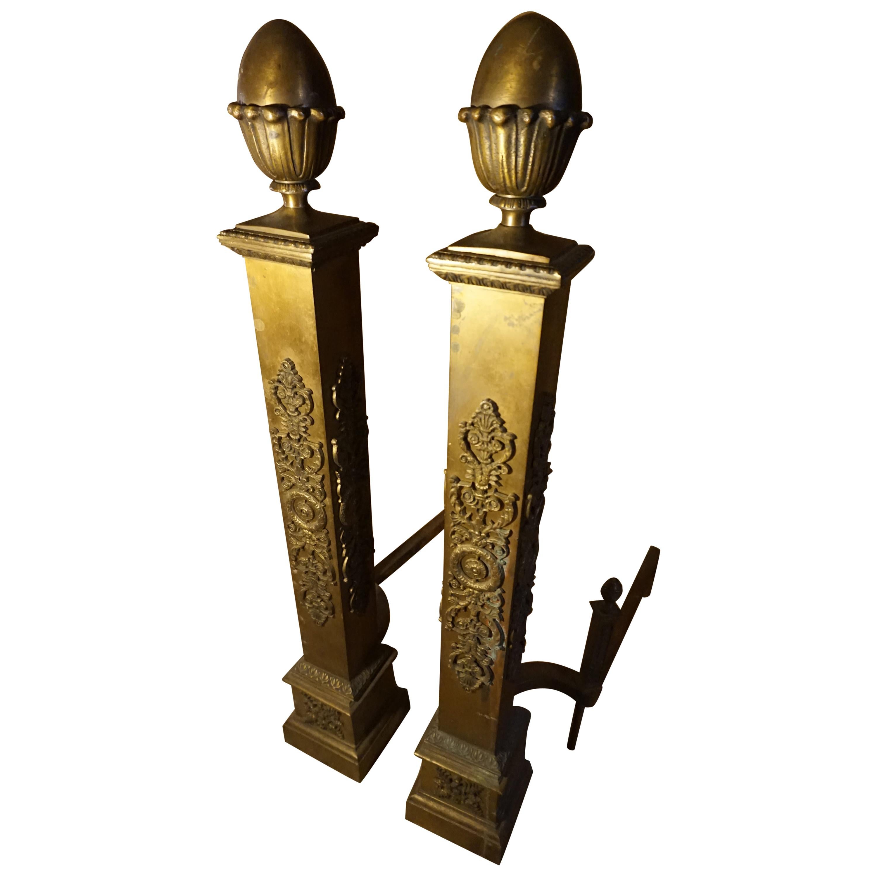 Fine Original Patina Large Brass French Napolean III Andirons