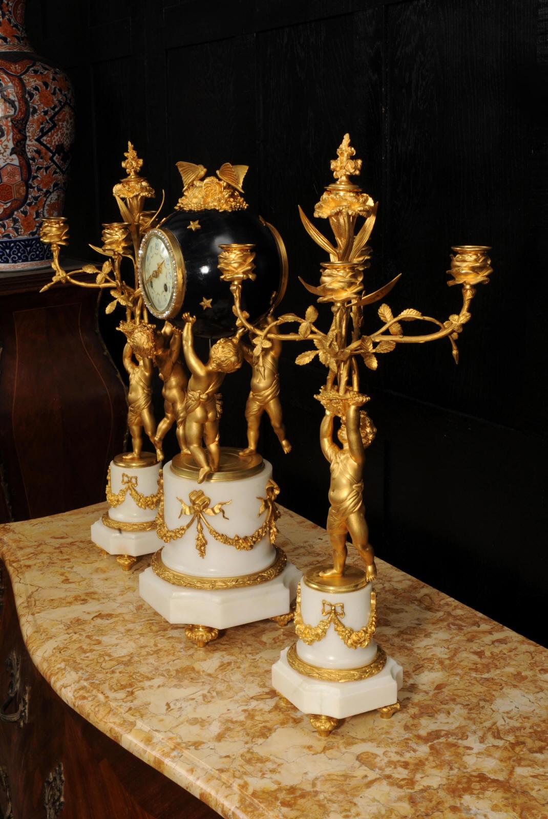 Fine Ormolu and Marble Cherub Clock Set by H Luppens Paris For Sale 4