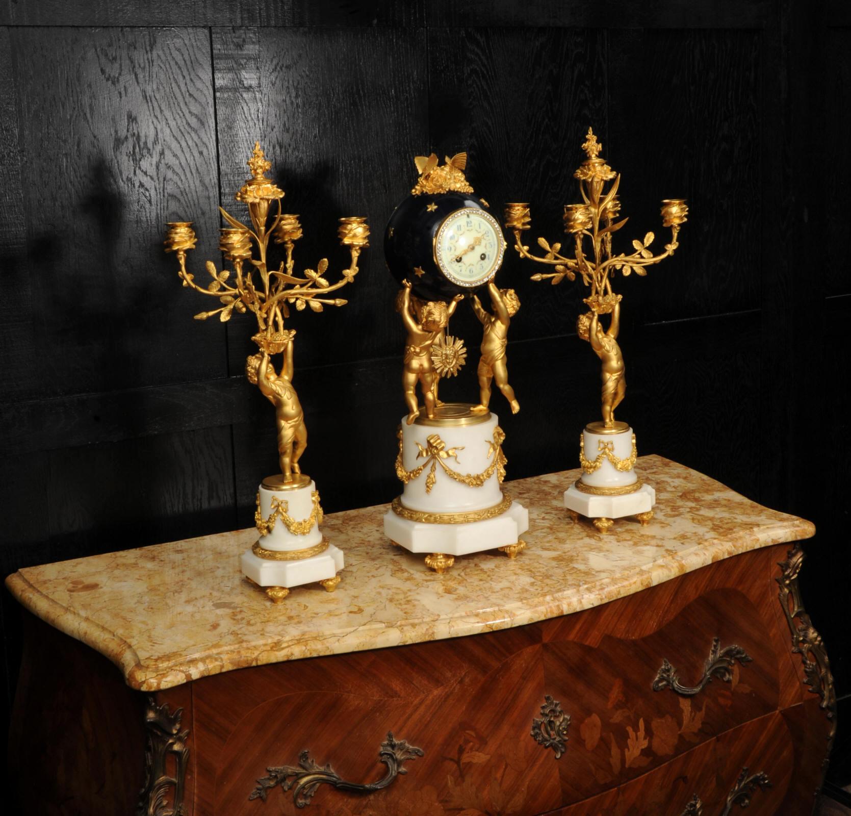 Fine Ormolu and Marble Cherub Clock Set by H Luppens Paris For Sale 5